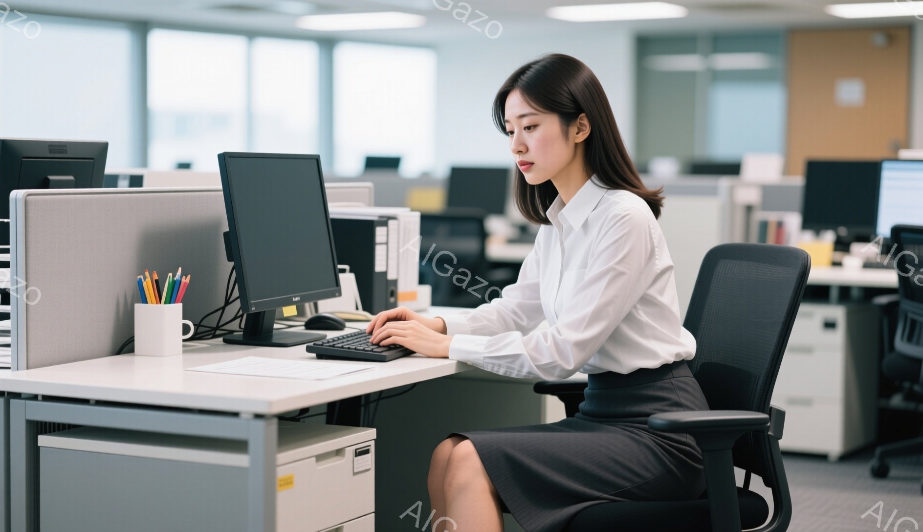 白いブラウスと濃いグレーの膝丈スカートを着用した女性が、オフィスでパソコンに向かって作業をしている様子が写っている。彼女は黒髪を後ろでまとめ、集中した表情でキーボードを操作している。背景には、他のオフィスワーカーやオフィス家具が見え、清潔感のある明るい雰囲気である。