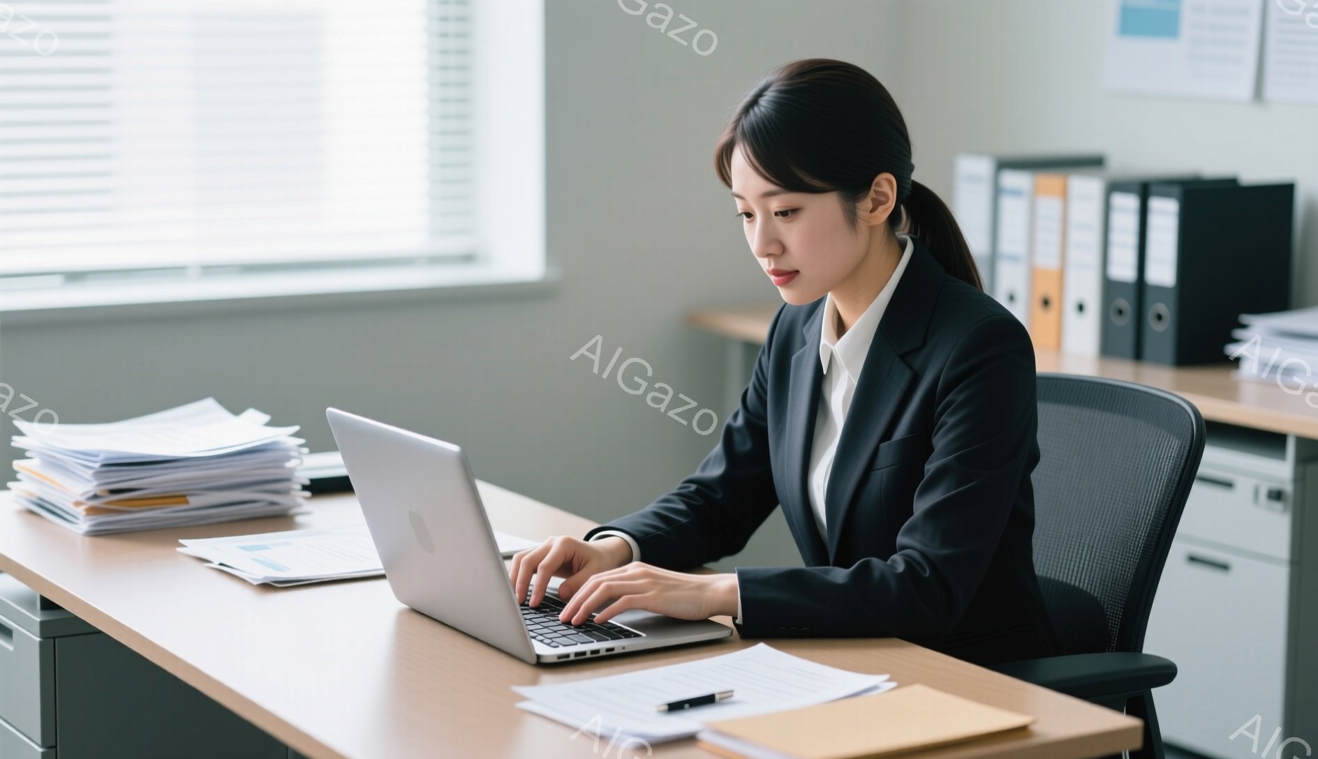 一人の女性がオフィスでノートパソコンに向かってタイピングしている。彼女は黒いスーツと白いシャツを着ており、髪は後ろで一つにまとめられている。背景には書類の山やキャビネットが見え、全体的に落ち着いた雰囲気で仕事に集中している様子が伺える。