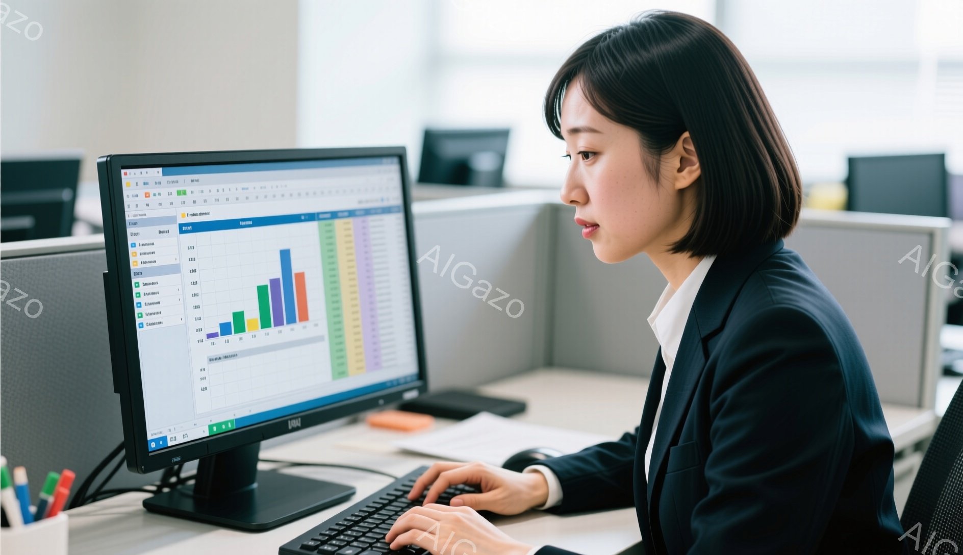 職場にいる女性が、コンピューター画面を見ながらキーボードを操作している。彼女は黒いジャケットと白いシャツを着ており、髪は短くダークブラウンで、真剣な表情をしている。背景にはオフィス内の他のデスクが見え - AI生成フリー素材