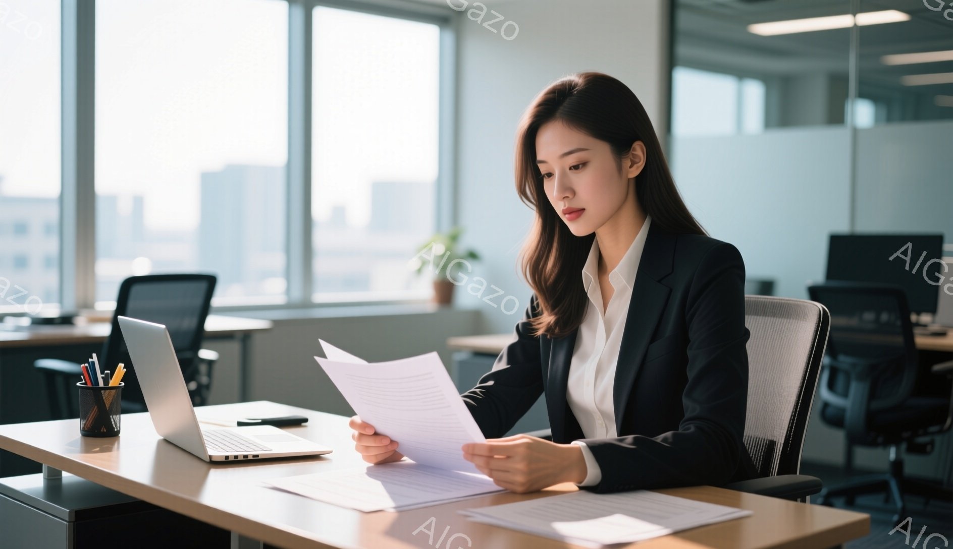 オフィスで働く女性が描かれている。彼女は黒いスーツに身を包み、ロングヘアを背中に流している。真剣な表情で書類を手に持ち、集中して読んでいる様子が伺える。 - AI生成フリー素材