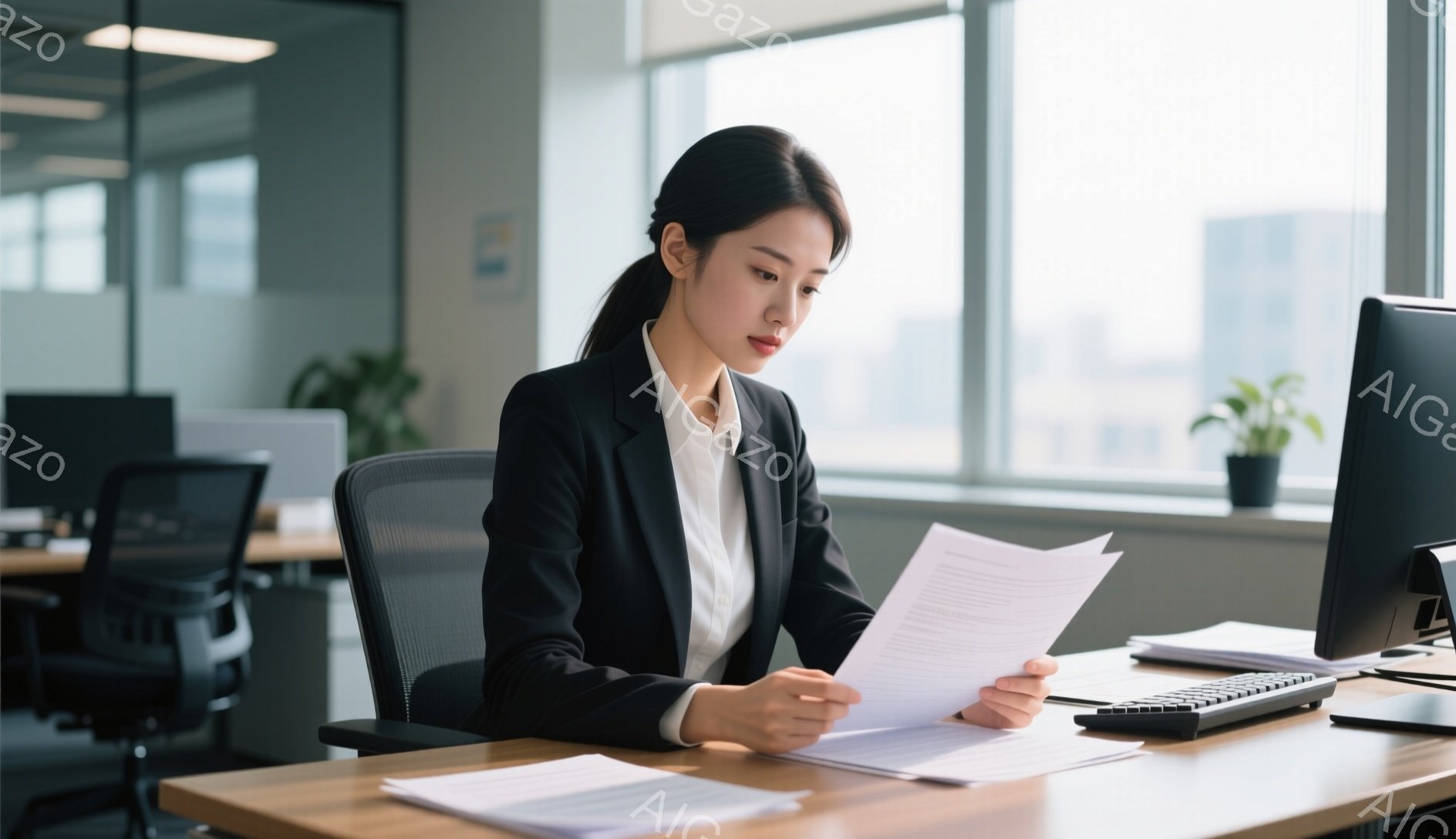 室内で、黒いジャケットと白いシャツを着た女性が書類を読んでいます。彼女は髪を後ろでまとめ、集中した表情で前を見つめています。背景にはオフィススペースと窓から見える近代的な建物群があり、明るくプロフェッショナルな雰囲気が漂っています。