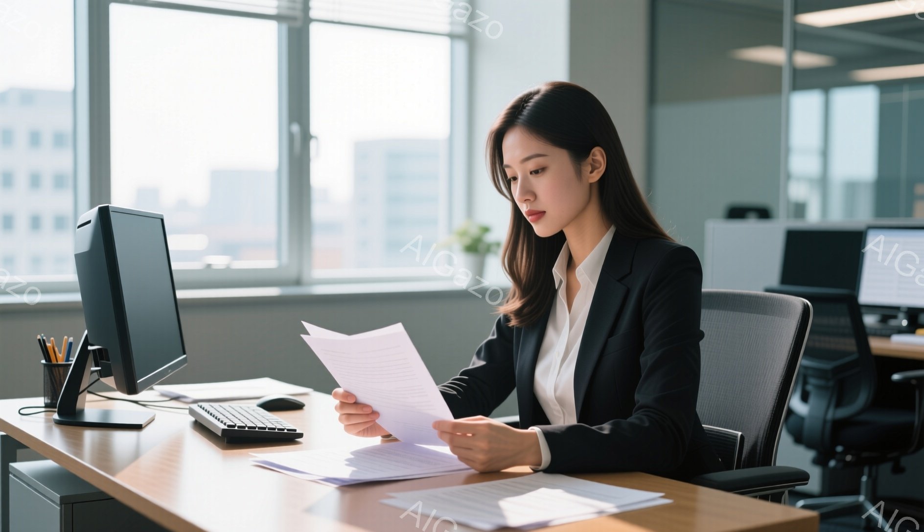 スーツを着た女性がオフィスで書類を読んでいます。彼女は黒いジャケットと白いシャツを着ており、長い髪は後ろでまとめられています。背景には窓から見える近代的なビル群があり、オフィス内は明るく、洗練された雰囲気です。
