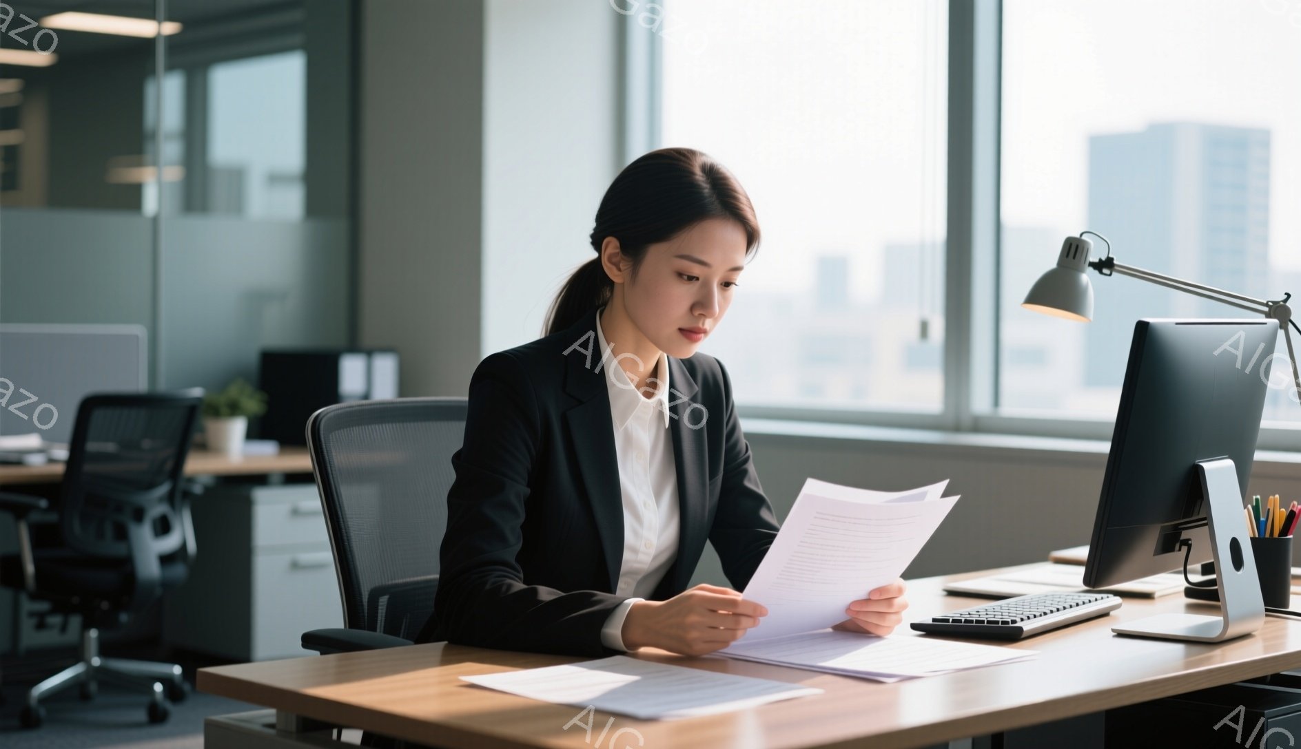 オフィスで働く女性が写っている。彼女は黒いスーツに白いシャツを着ており、髪は後ろで一つに結んでいる。真剣な表情で書類を読み、集中して業務に取り組んでいる様子がうかがえる。 - AI生成フリー素材