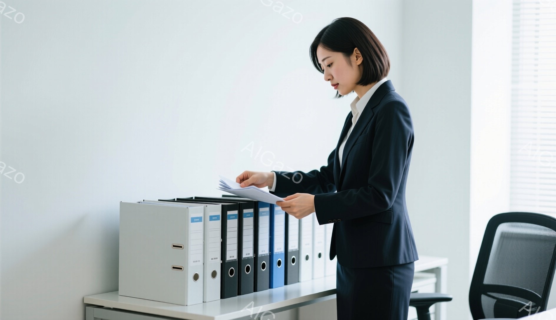 黒いスーツに白いシャツを着た女性が、書類を見ながらファイル棚の前に立っている。彼女は髪を後ろでまとめ、真剣な表情で書類をチェックしているようだ。背景は白く清潔なオフィスで、オフィスチェアがわずかに見える。