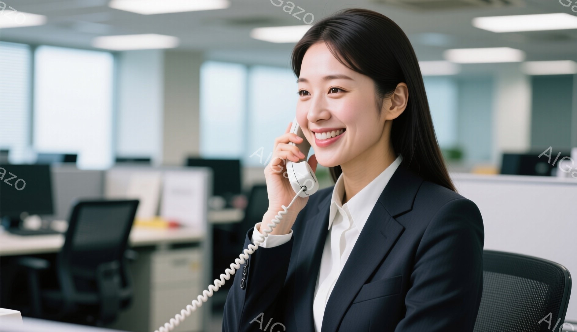 スーツ姿の女性が電話を受けており、笑顔で会話を楽しんでいる様子がうかがえる。彼女は黒いジャケットと白いブラウスを着ており、髪は後ろでまとめて洗練された印象を与えている。背景はオフィスで、デスクやパソコンなどが配置され、活気のある職場環境が感じられる。