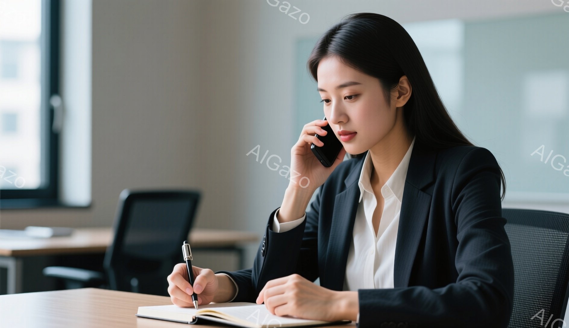 黒いスーツに白いシャツを着た女性が、電話をしながらノートにペンで書き込んでいます。彼女は長い黒髪で、真剣な表情で会話に集中しています。背景には他の椅子とテーブルが見え、オフィスのような室内で、集中した雰囲気を感じさせます。
