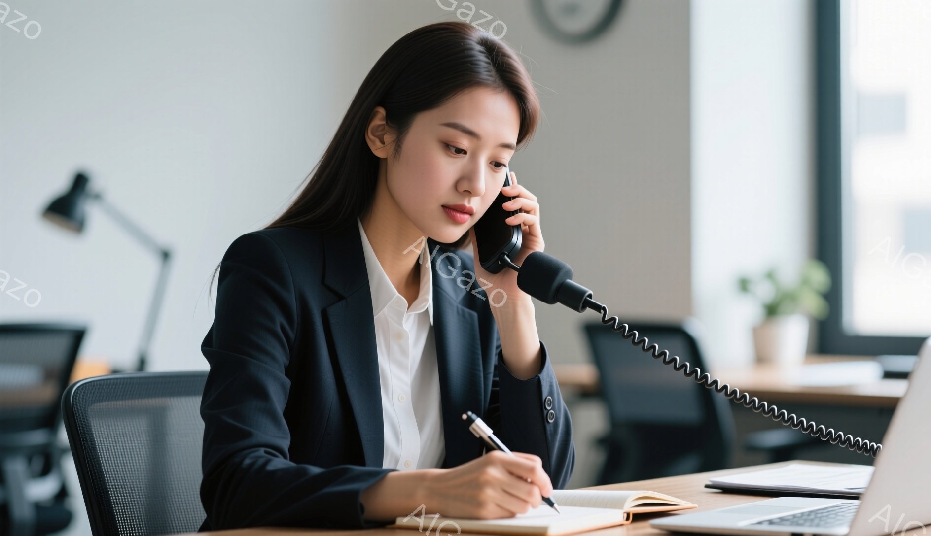 黒いジャケットと白いシャツを着た女性が、電話を受けながらノートに何かを書き込んでいる。彼女は髪を後ろにまとめ、真剣な表情で仕事に取り組んでいる。背景にはオフィスがあり、デスクの上にはパソコンと植物が見え、全体的にプロフェッショナルな雰囲気である。