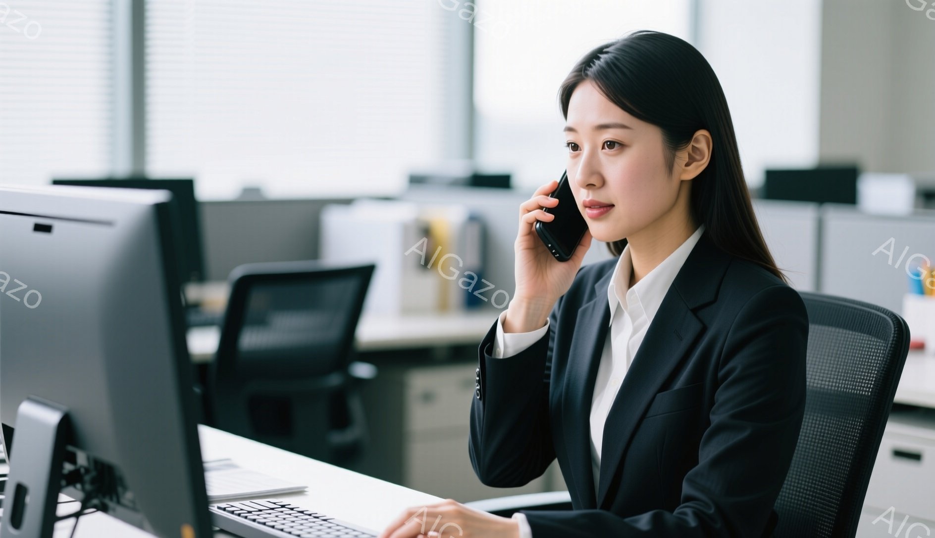 黒いスーツと白いシャツを着た女性が、オフィスで電話をしています。彼女は椅子に座って少し前かがみになり、真剣な表情で通話相手を聞いています。背景には他のオフィスワーカーのデスクとパーティションが見え、全 - AI生成フリー素材