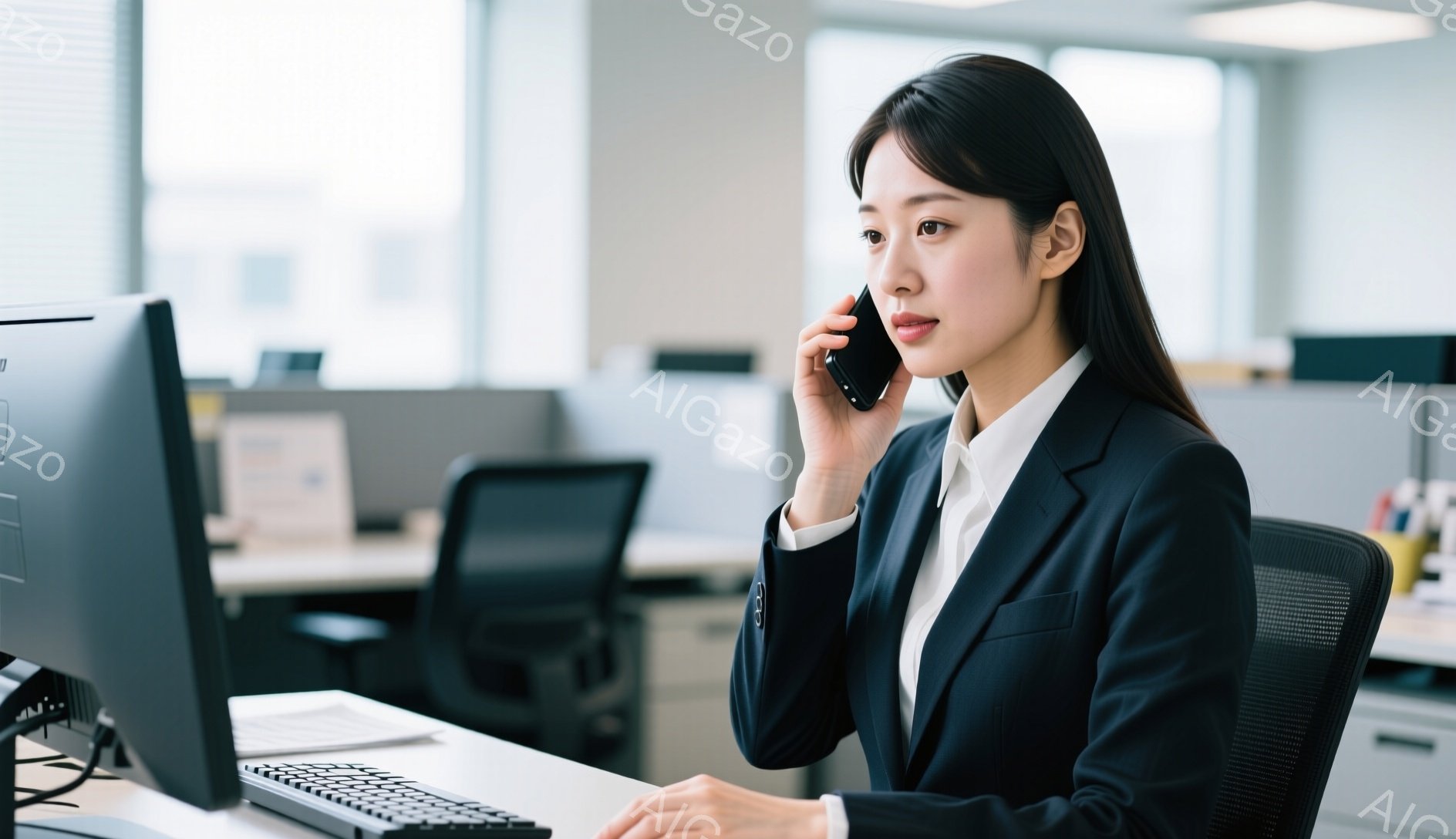 黒いスーツに白いシャツを着た若い女性が、オフィスで電話をしながらパソコンの前に座っています。彼女はストレートヘアで、落ち着いた表情で通話の相手に耳を傾けています。背景には、他のオフィスワーカーやオフィス家具が見え、明るく清潔感のある雰囲気です。