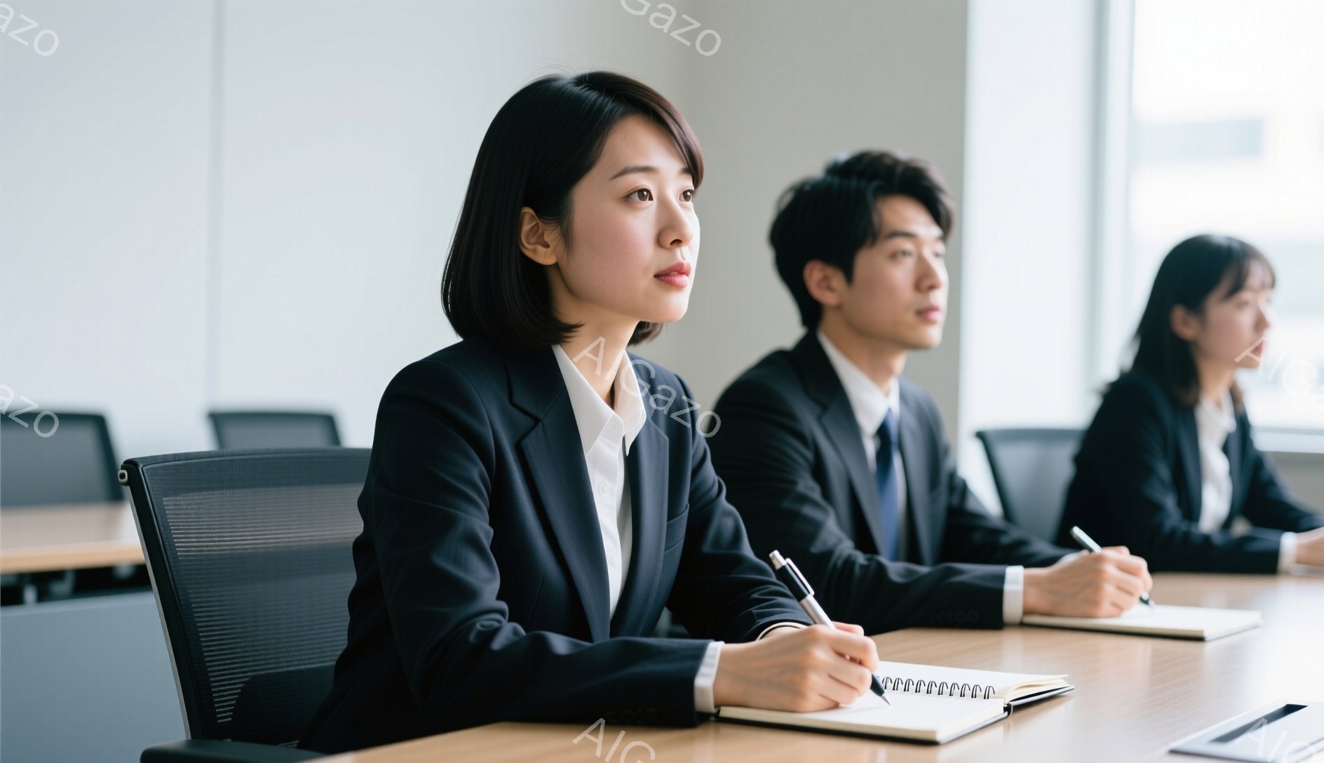 三人のビジネスパーソンが会議室で座っており、女性は黒いスーツに白いシャツを着て、短い黒髪を後ろに流しています。彼女はノートにペンで何かを書き込んでおり、真剣な表情で遠くを見つめています。背景は木製のテーブルとオフィスチェアで、全体的に落ち着いた雰囲気です。