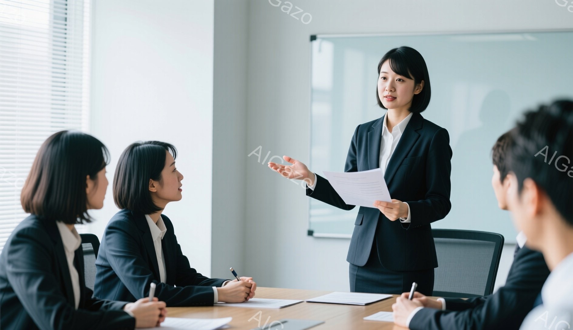 会議室で、黒いジャケットとスカートを着用した女性がプレゼンテーションを行っています。彼女は書類を手に、何かを説明しているようなジェスチャーをしています。他の参加者はテーブルを囲んで座り、メモを取りながら彼女の話を聞いています。