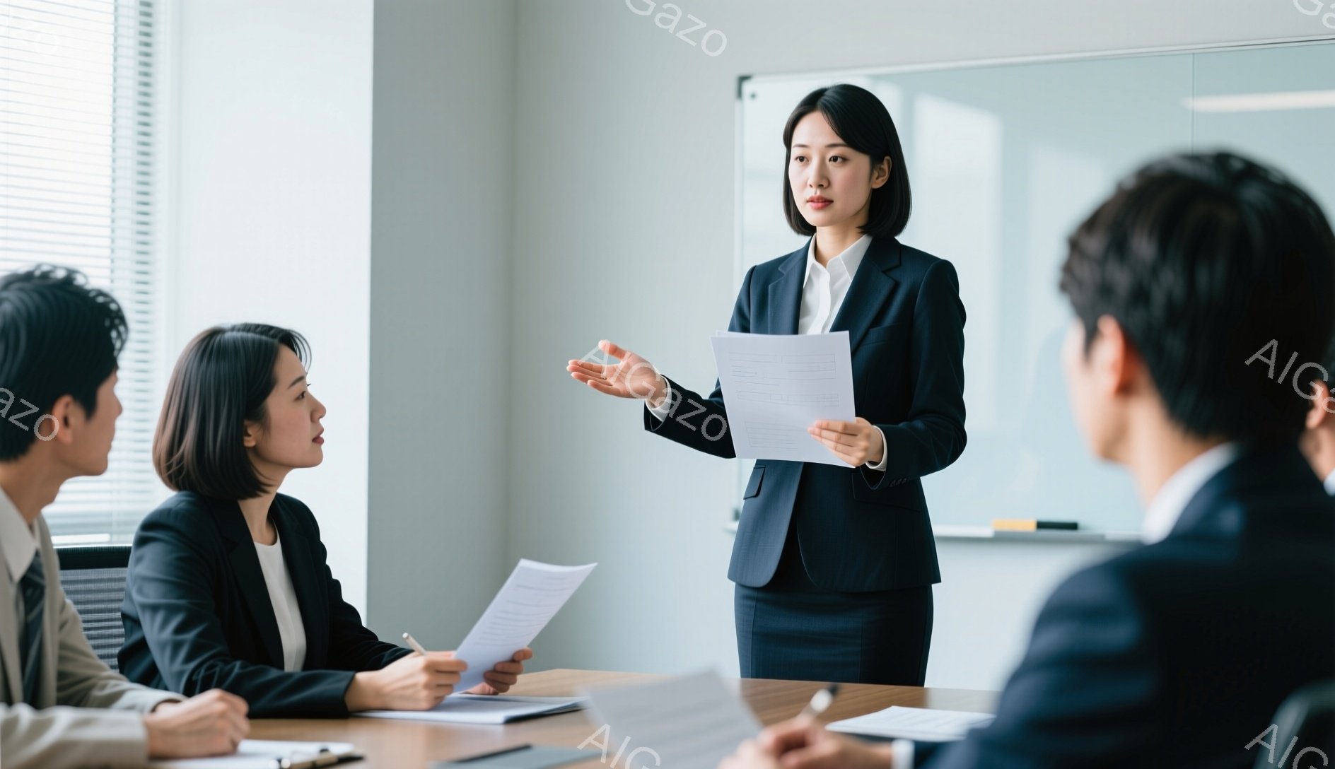会議室で、一人の女性が書類を手にプレゼンテーションを行っています。彼女は黒いスーツを着ており、髪は肩にかかる長さでストレートです。他の参加者はテーブルを囲んで座り、彼女の話に耳を傾けています。