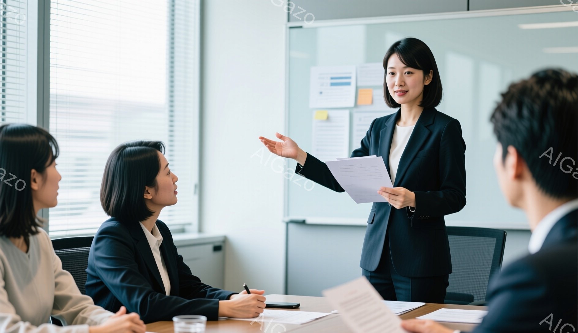 会議室で女性がプレゼンテーションをしている様子が写っています。彼女は黒いスーツと白いブラウスを着ており、髪は後ろでまとめています。明るい表情で資料を手に、聴衆に何かを説明しているようです。