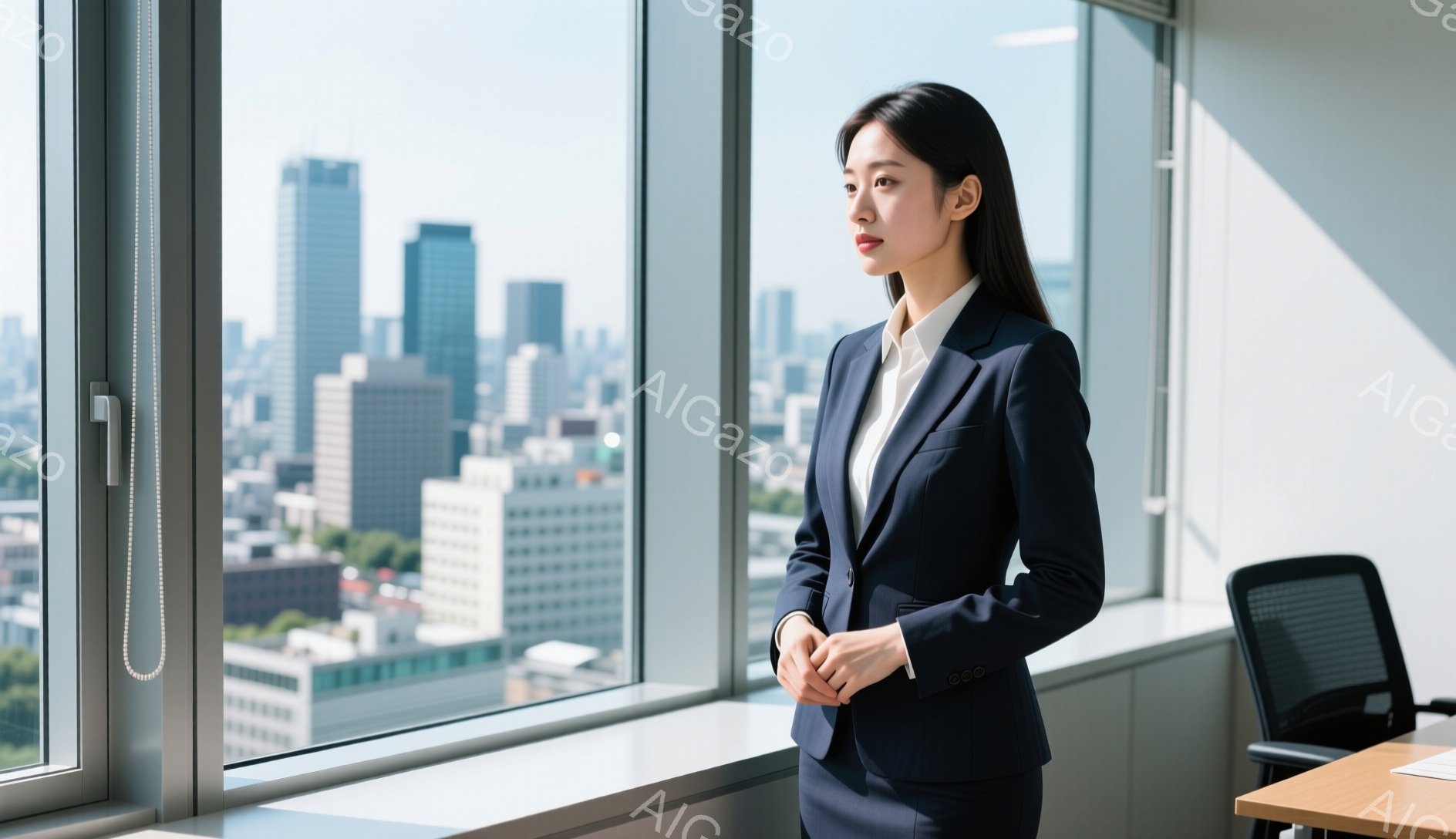 黒いスーツと白いシャツを着た女性が、大きな窓の前に立っている。彼女は少し顔を傾け、遠くを見つめるようにしており、姿勢は堂々としている。背景には高層ビル群が広がり、晴れた日の都市の風景が広がっている。