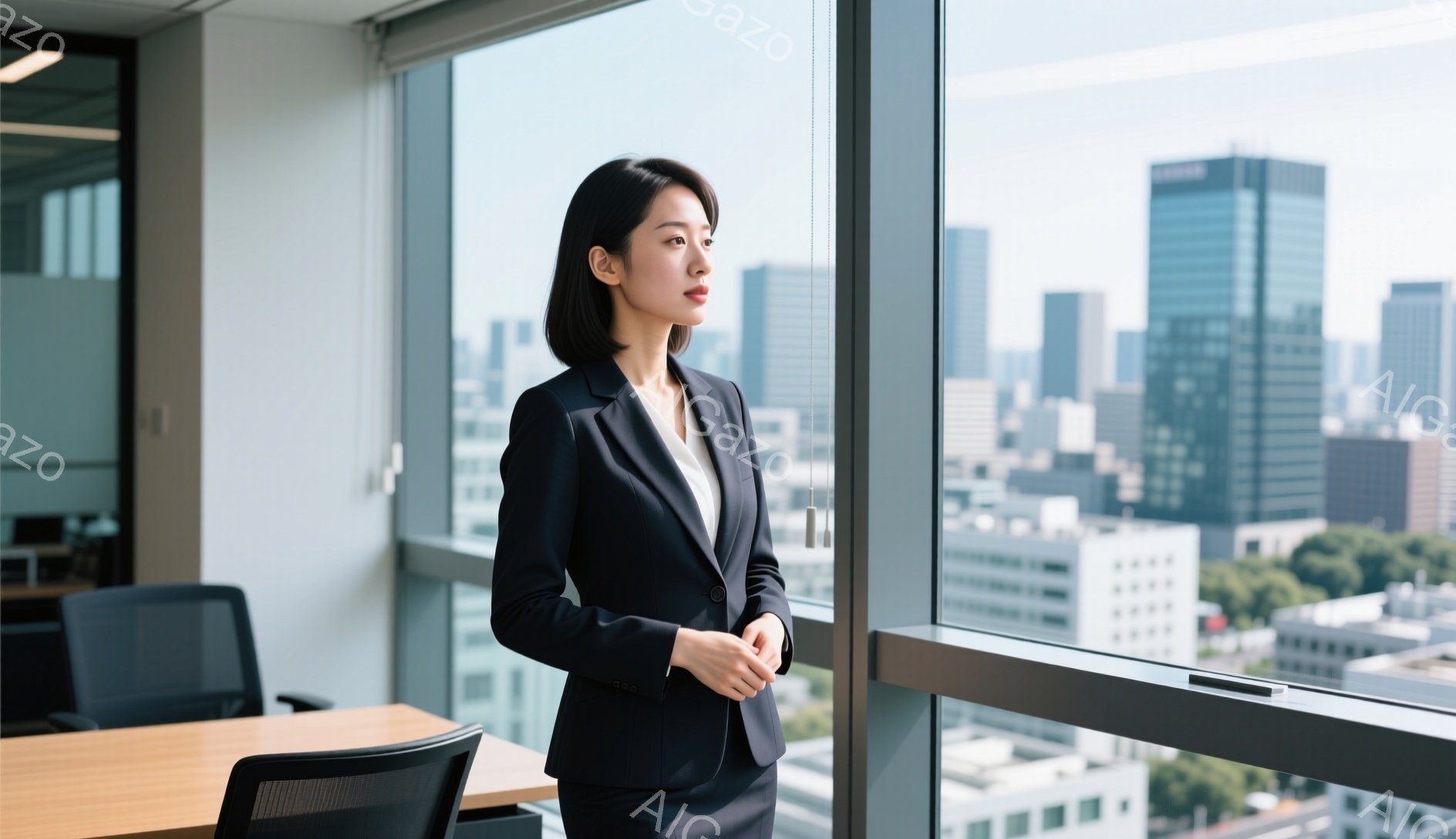 黒いスーツを着た若い女性が、大きな窓から都市を見下ろしています。彼女は手を腰に当て、少し憂いのある表情で遠くを見つめており、髪は短くストレートに整えられています。窓の外には高層ビル群が広がり、晴れた空が広がっていますが、わずかに霞んだ様子から、少しどんよりとした雰囲気を感じさせます。