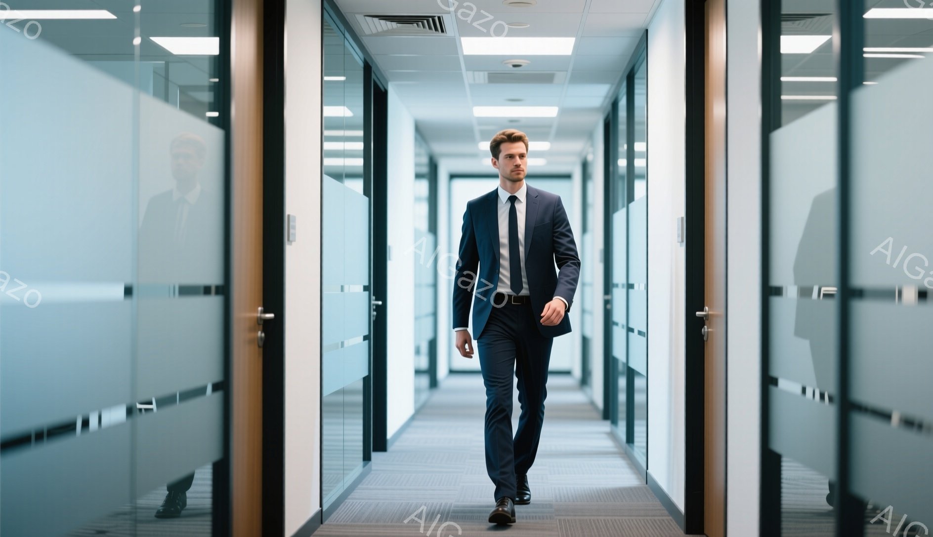 スーツを着た若い男性が、オフィスビルの廊下をまっすぐ歩いている。彼の服装は濃い紺色のスーツ、白いシャツ、ネクタイで、髪型は短く整えられている。廊下はガラス張りの仕切りで区切られており、モダンでビジネスライクな雰囲気が漂っている。