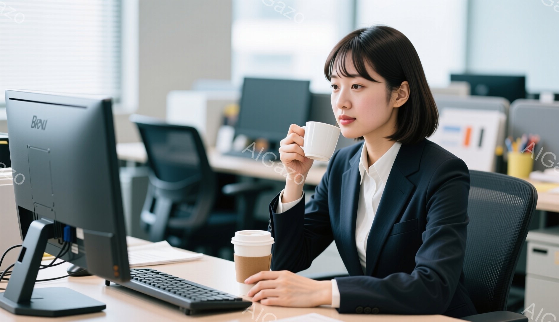 画像には、オフィスでコンピューターに向かい、コーヒーカップを持っている若い女性が写っています。彼女は黒いショートヘアで、紺色のスーツと白いシャツを着ており、リラックスした表情でコーヒーを飲んでいます。背景には他のオフィスワーカーやオフィス家具が見え、全体的に落ち着いた雰囲気です。