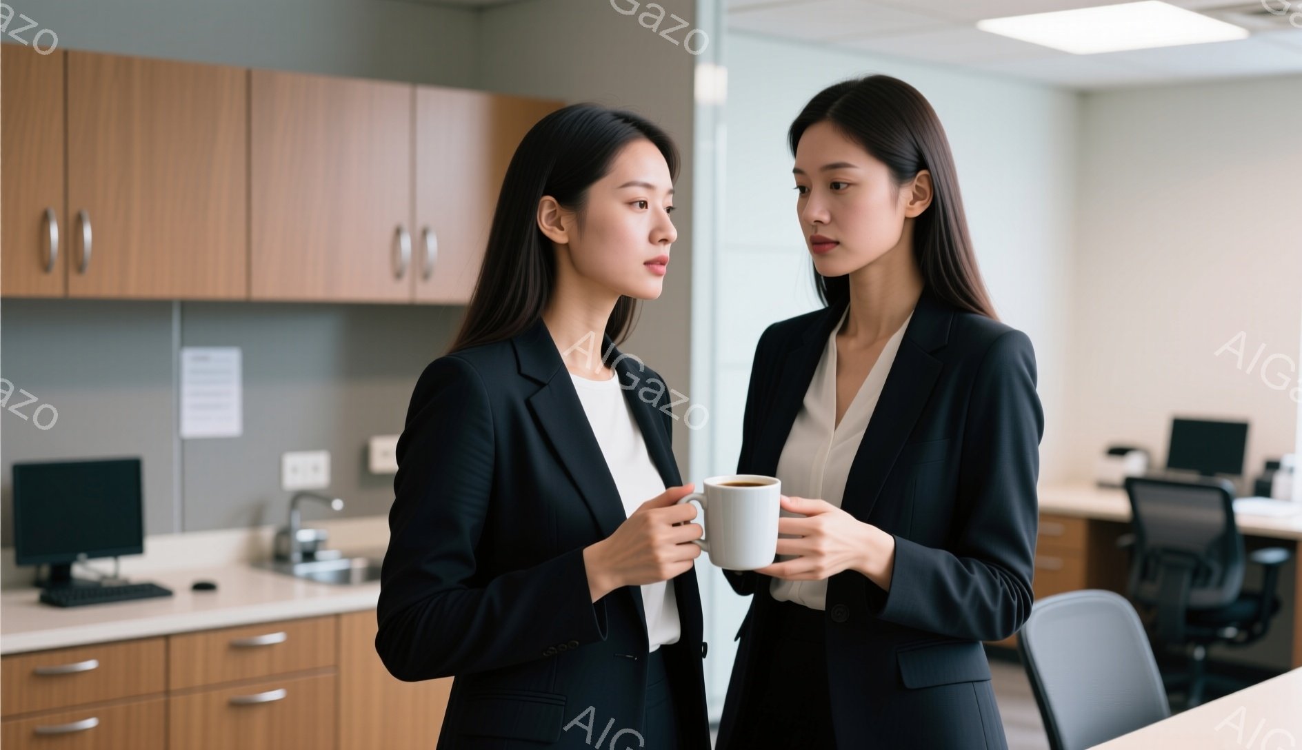 画像には、オフィスで茶色のマグカップを持つ二人の若い女性が写っています。彼女たちは黒いスーツと白いブラウスを着ており、髪は後ろでまとめています。彼女たちは互いに向き合い、真剣な表情で何かを話し合っているように見えます。