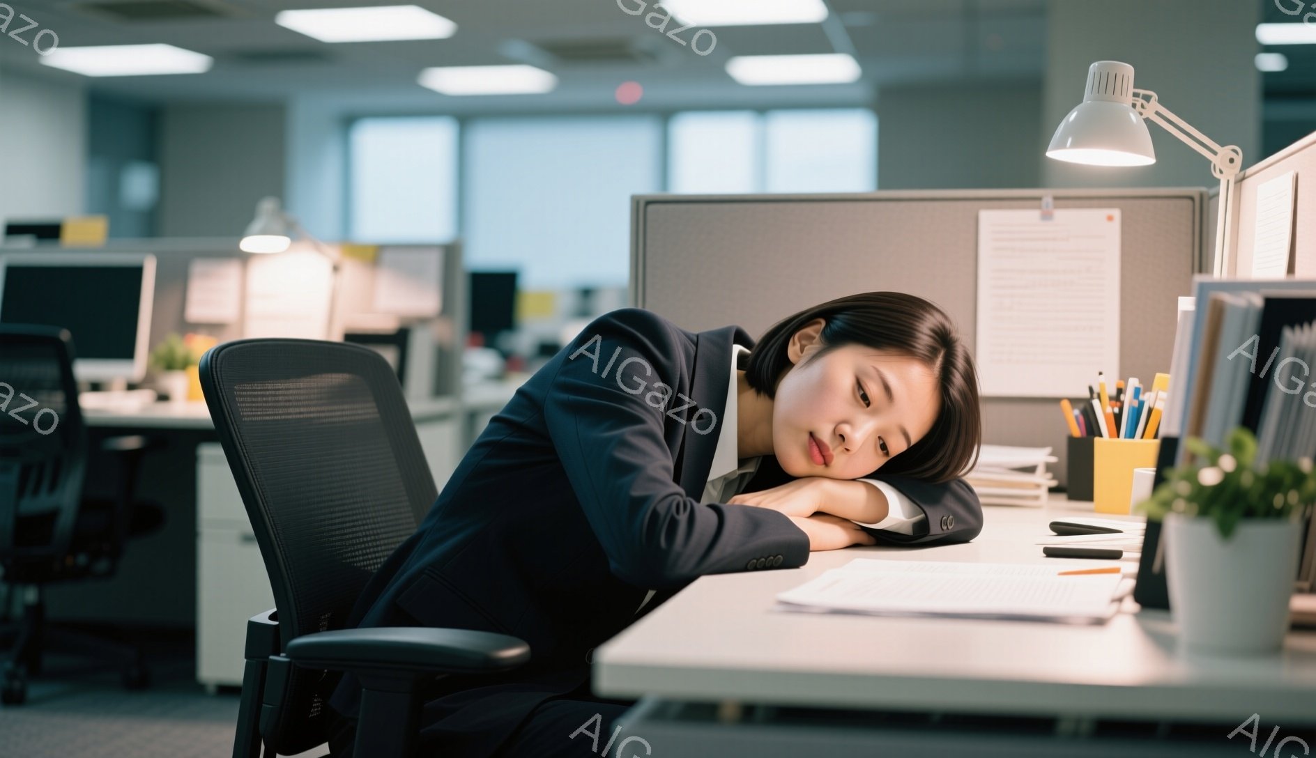 紺色のスーツを着た若い女性が、オフィスでデスクに突っ伏している。彼女は疲れた表情で、長い黒髪を後ろでまとめている。デスク上には書類、ペン立て、観葉植物があり、オフィスは静かで落ち着いた雰囲気である。