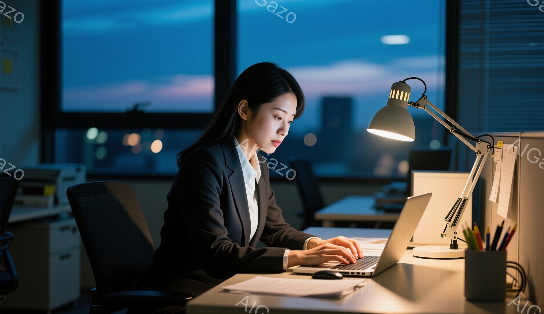 女性はオフィスでパソコンに向かって作業している。彼女は黒いスーツを着ており、ロングヘアを後ろにまとめて、集中した表情でキーボードを叩いている。窓の外は夜景が広がり、都市の明かりがぼんやりと見える。