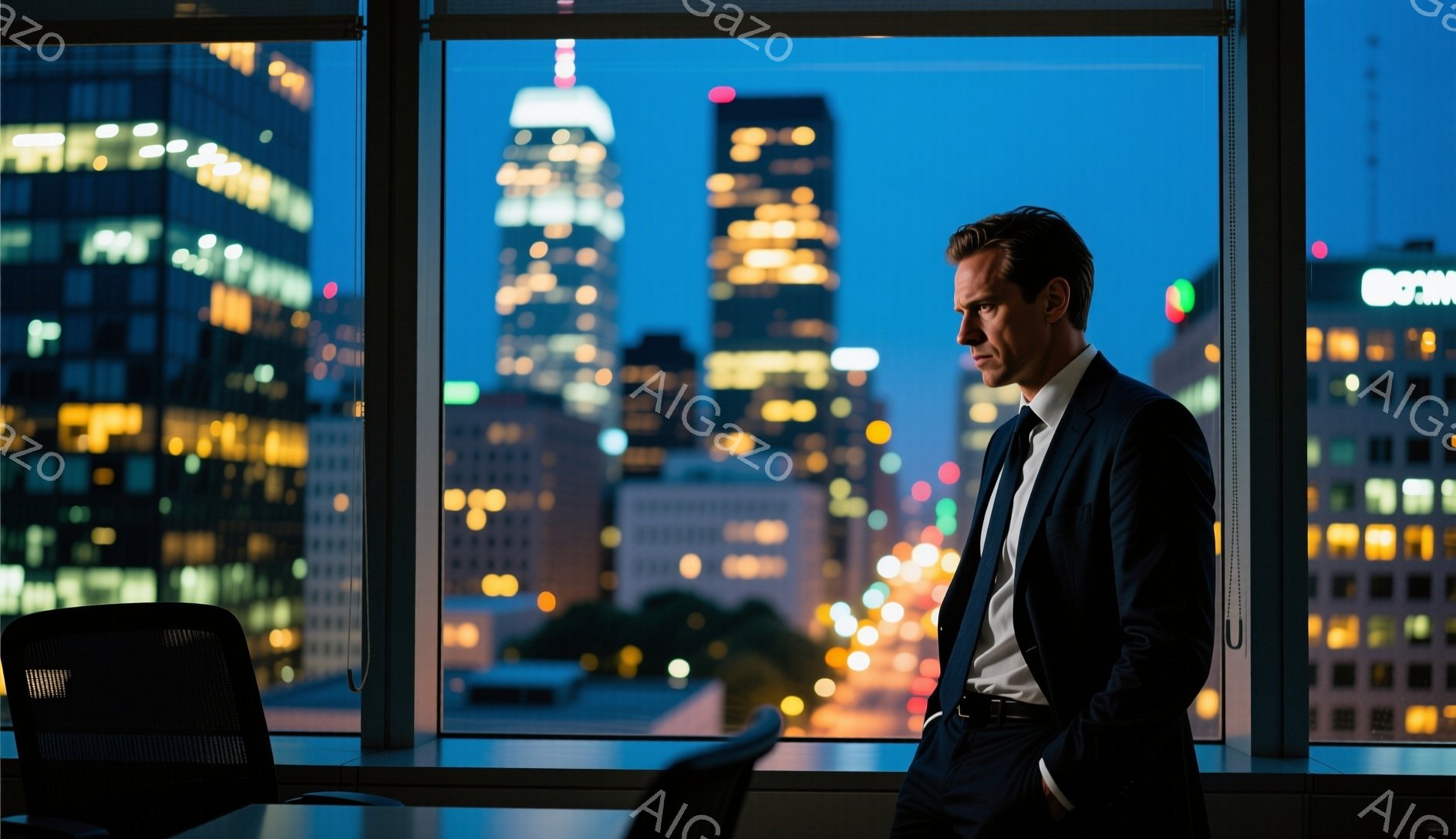 スーツ姿の男性が窓辺に立っており、都市の夜景を見下ろしている。彼はダークネイビーのスーツに白いシャツ、黒いネクタイを着用し、短く整えられた髪型をしている。背景には高層ビル群が広がり、窓の外は暗闇に包まれているが、ビルの明かりが夜空を明るく照らしている。