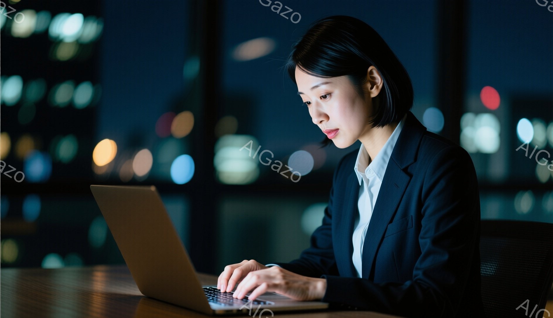ショートヘアの女性が、夜景を背景にノートパソコンで作業をしている。彼女は白いシャツに黒いジャケット姿で、真剣な表情でキーボードを見つめ、集中してタイピングしている。背景は高層ビル群のぼやけた夜景で、室内は薄暗く、都会的な雰囲気を感じさせる。