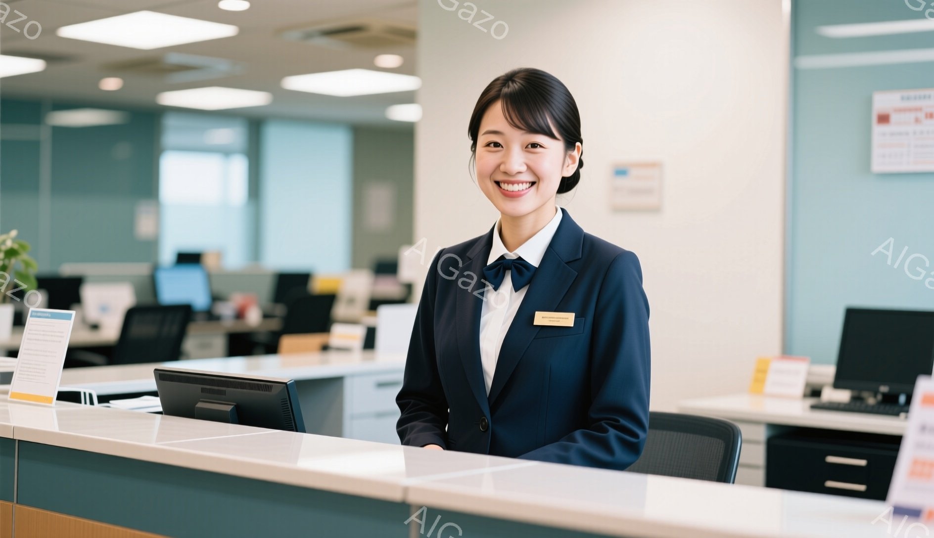 制服を着た若い女性が受付カウンターに立っています。彼女は濃い青色のジャケットとスカート、黒いリボンタイを着用しており、明るい笑顔でカメラを見つめています。背景には他の受付カウンターとオフィスのような空間が広がり、清潔で明るい雰囲気です。