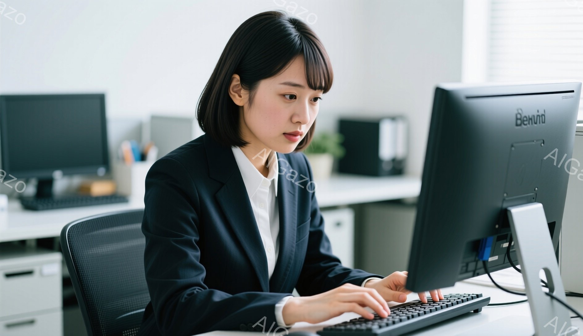 黒いジャケットと白いシャツを着た女性が、オフィスでパソコンに向かっています。彼女は前かがみになり、キーボードを打っており、やや真剣な表情をしています。背景には引き出しや植物が見え、明るく清潔感のあるオフィス環境であることが伺えます。