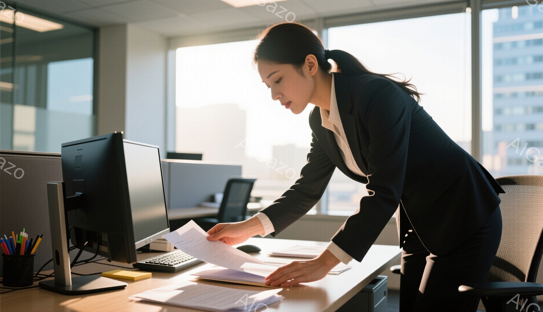 スーツを着た女性がオフィスで書類を手に取っています。彼女は黒髪を後ろでまとめ、集中した表情で書類を確認しています。背景にはオフィス内の様子が見え、窓からは自然光が差し込み、近代的なオフィスビルが並んでいます。