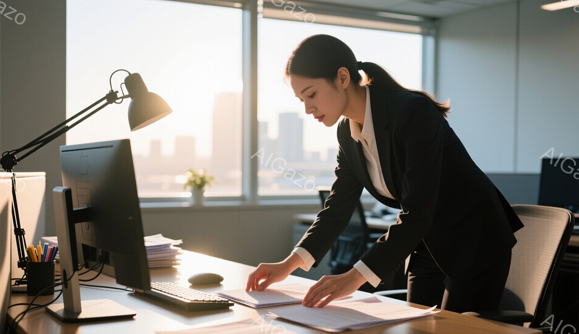 ビジネスウーマンがオフィスで書類を確認している。彼女は黒いスーツと白いシャツを着ており、髪は後ろで一つに結ばれている。窓の外には高層ビル群と夕焼けが見え、室内は柔らかい光に包まれ、真剣な雰囲気が漂っている。