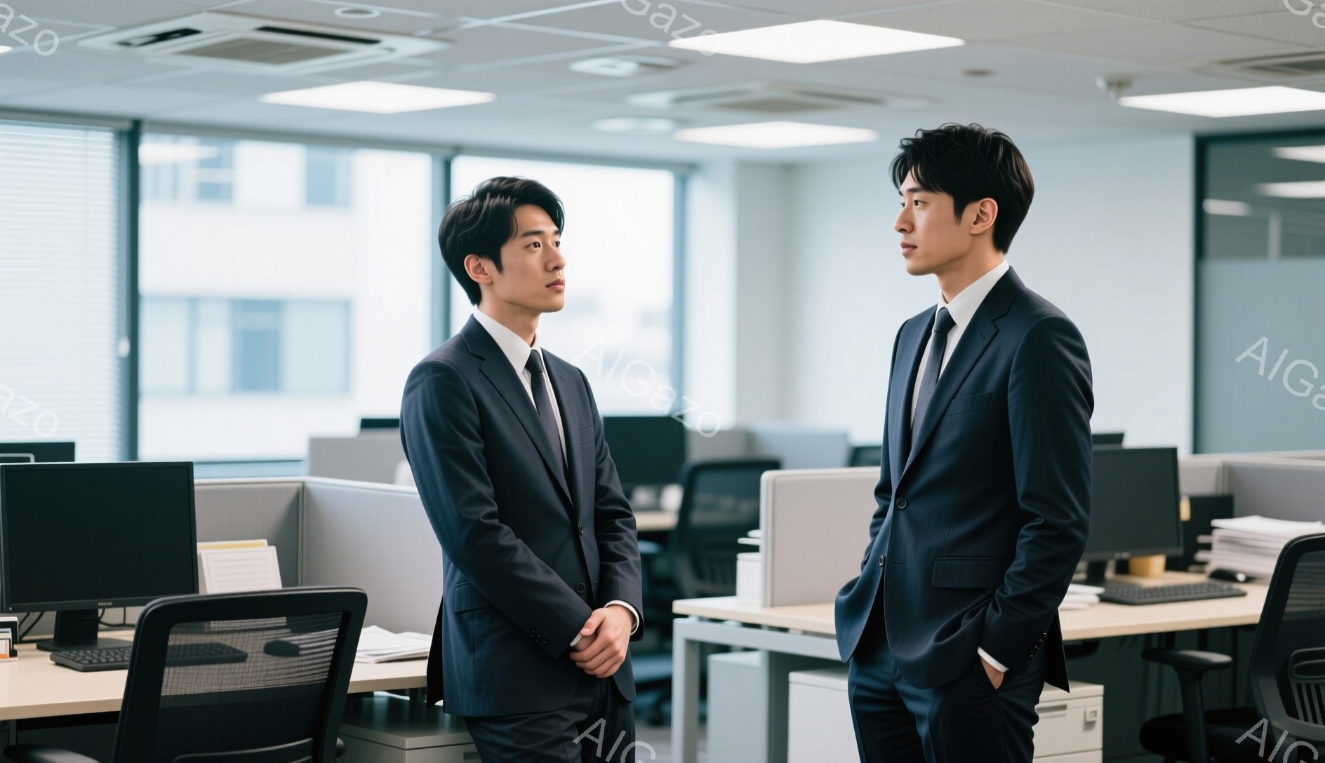 紺色のスーツにネクタイを締めた二人の男性が、オフィスで向き合って立っている。片方の男性は手を前に組み、もう片方の男性は片手をポケットに入れている。背景には、デスクやパソコンが並び、窓から自然光が差し込む、ビジネスライクで落ち着いた雰囲気のオフィス内である。