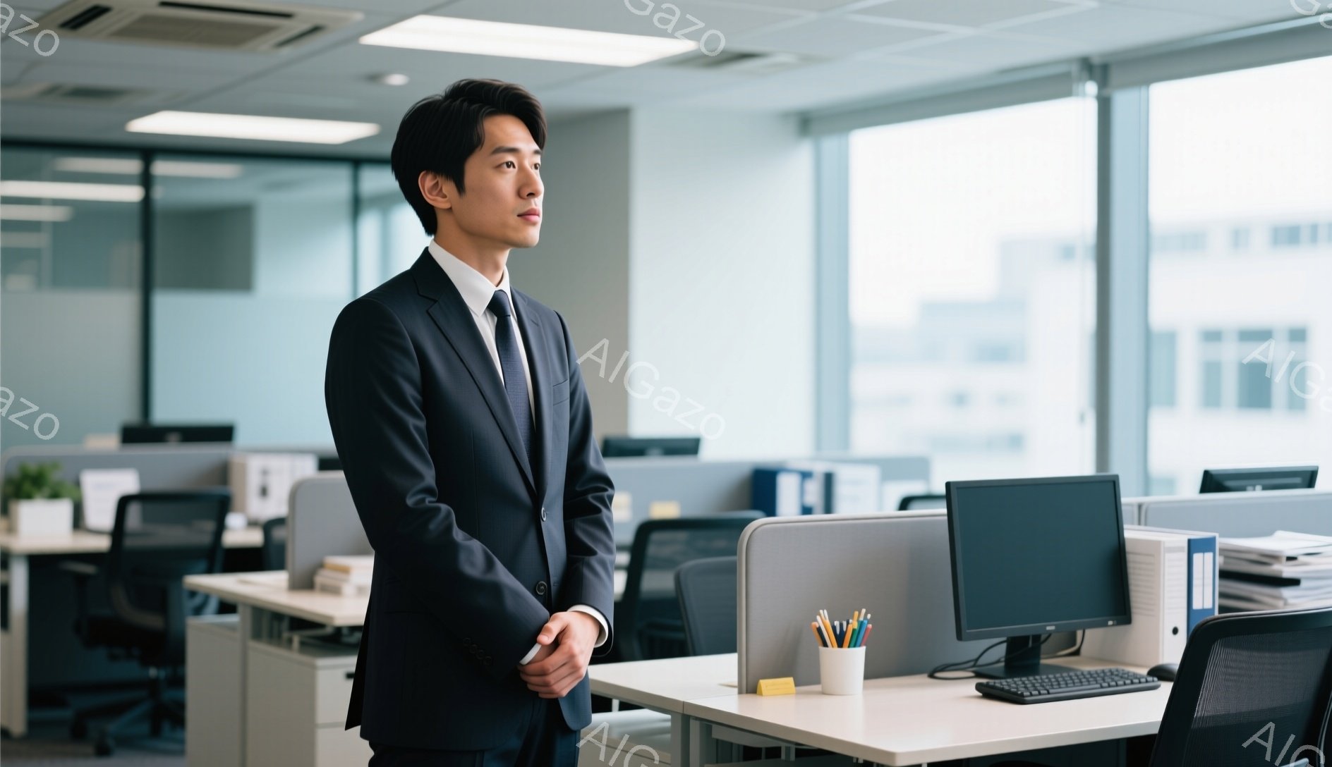 スーツ姿の男性がオフィス内に立っている。彼は黒いスーツにネクタイを締め、髪は短く整えられている。背景にはオフィス席が並び、窓からは都市の景色が見える。