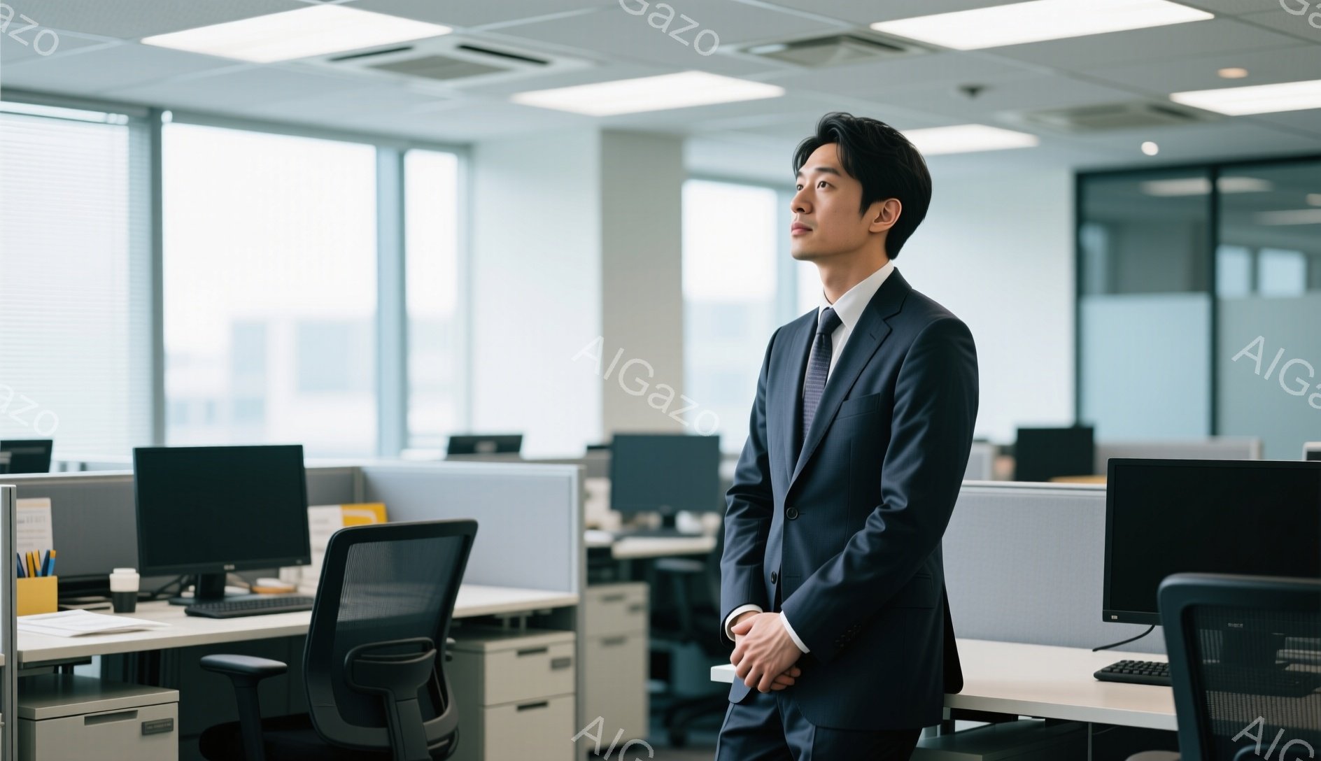 スーツを着た男性がオフィス内で立っており、少し上を見ている。彼の髪型は短く整えられ、表情はどこか思慮深く、姿勢は背筋が伸びていて自信があるように見える。背景にはオフィス内のデスクとコンピューターが並び、窓から差し込む光が明るい雰囲気を醸し出している。