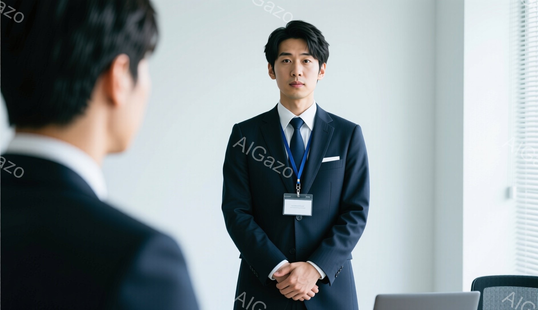 スーツを着た若い男性が、白いシャツに濃い青のネクタイを締め、黒いジャケットを着ています。彼は身分証明書のようなものを首から下げており、両手を前に組んで少し緊張した表情で正面を向いています。背景は明るいオフィスで、窓から自然光が差し込み、近代的な椅子が見えます。