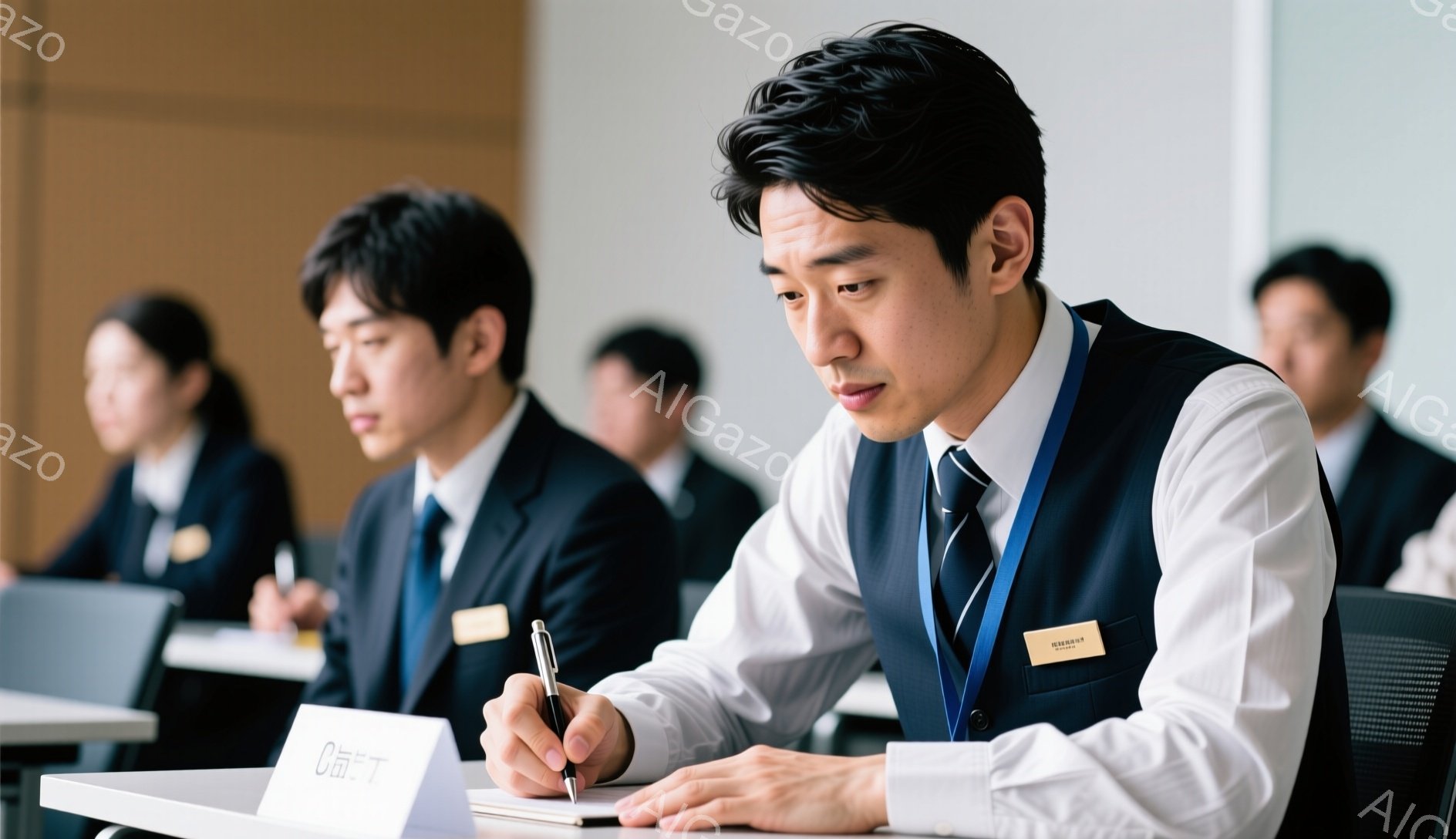 複数の男性がビジネススーツまたはそれに準ずる服装で、会議に参加している様子が写っている。最前列に座る男性は、白いシャツに濃い青色のベスト、ネクタイを着用し、集中して何かを書き込んでいる。背景は明るい室内で、テーブルの上には名札が置かれ、フォーマルで真剣な雰囲気が漂っている。