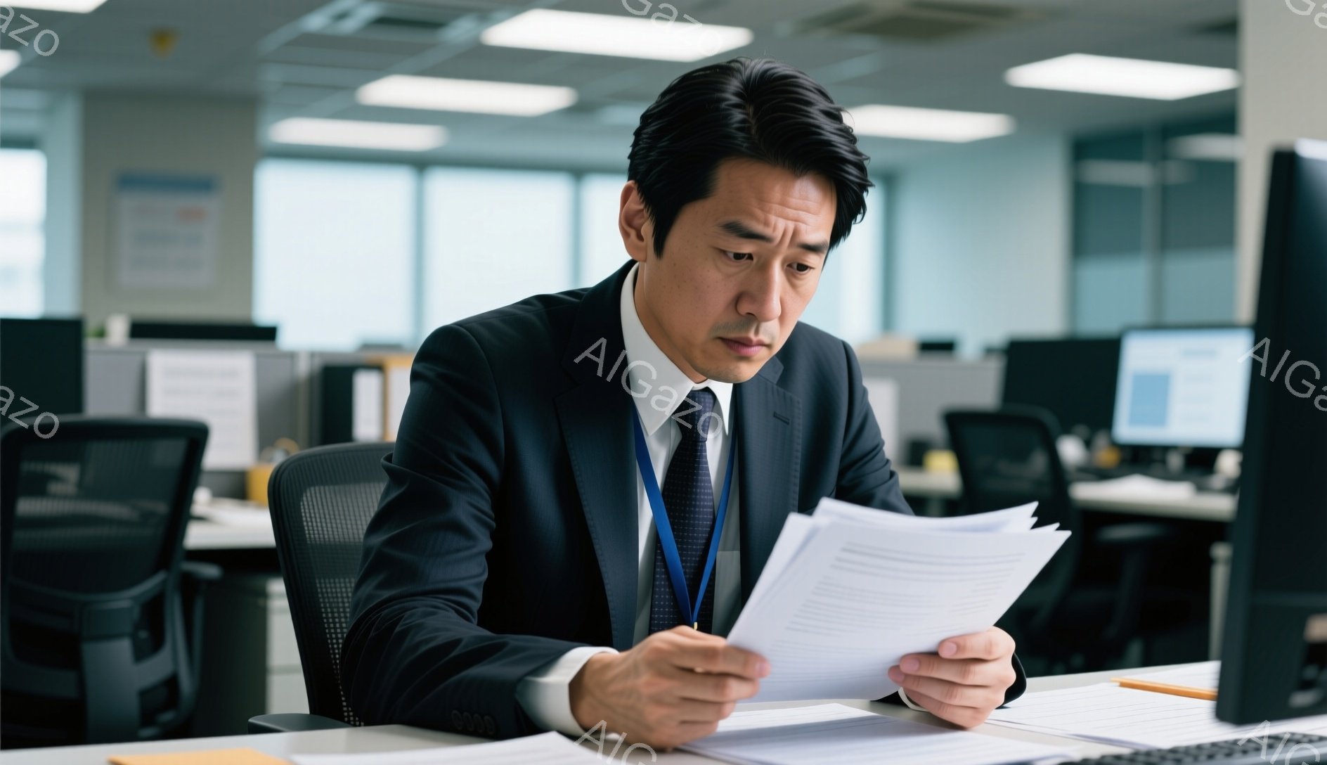 スーツを着たアジア人男性が書類を読んでいます。彼は少し眉間にしわを寄せ、真剣な表情で、姿勢はやや前かがみです。背景にはオフィスがあり、他の従業員やコンピューター、オフィスチェアが見え、明るい照明の下で落ち着いた雰囲気です。