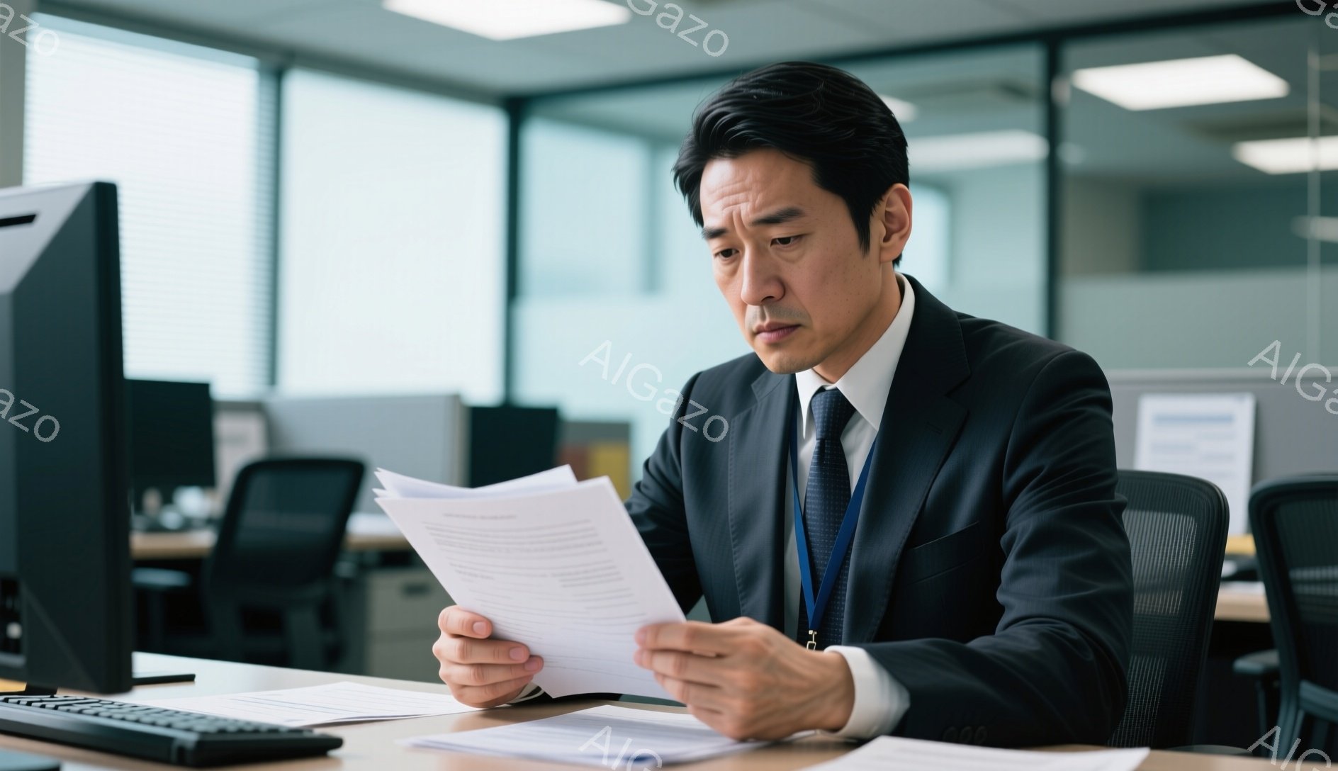 スーツにネクタイ姿の男性が書類を手に取って読んでいます。彼はやや厳しい表情で、集中して内容を確認しているようです。背景はオフィスで、他のデスクや椅子が見え、全体的に落ち着いた雰囲気です。