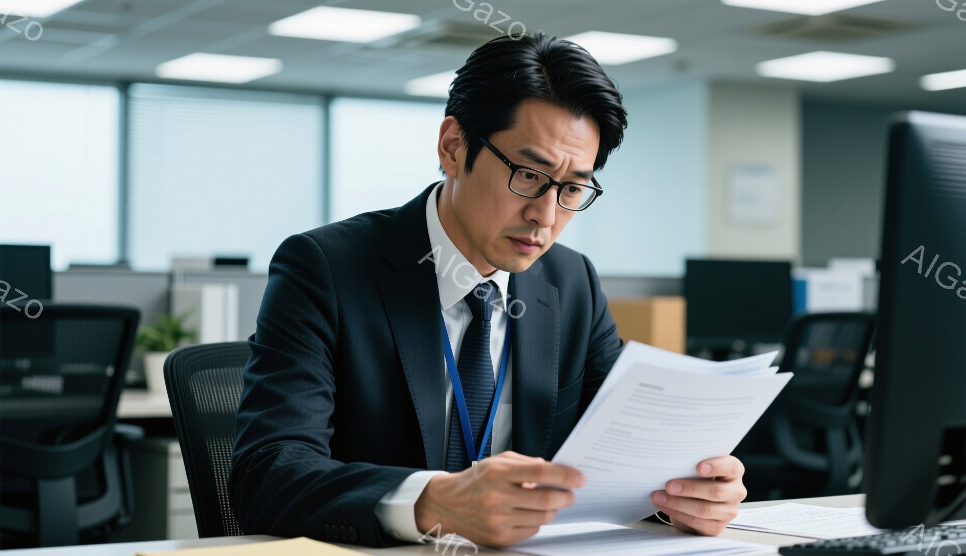 スーツとネクタイを着た男性が、書類を注意深く調べている様子が写っている。彼は黒縁のメガネをかけており、眉間にしわを寄せ、真剣な表情で書類を見つめている。背景はオフィスで、他のデスクや椅子が見え、全体的に落ち着いた、仕事に集中した雰囲気である。