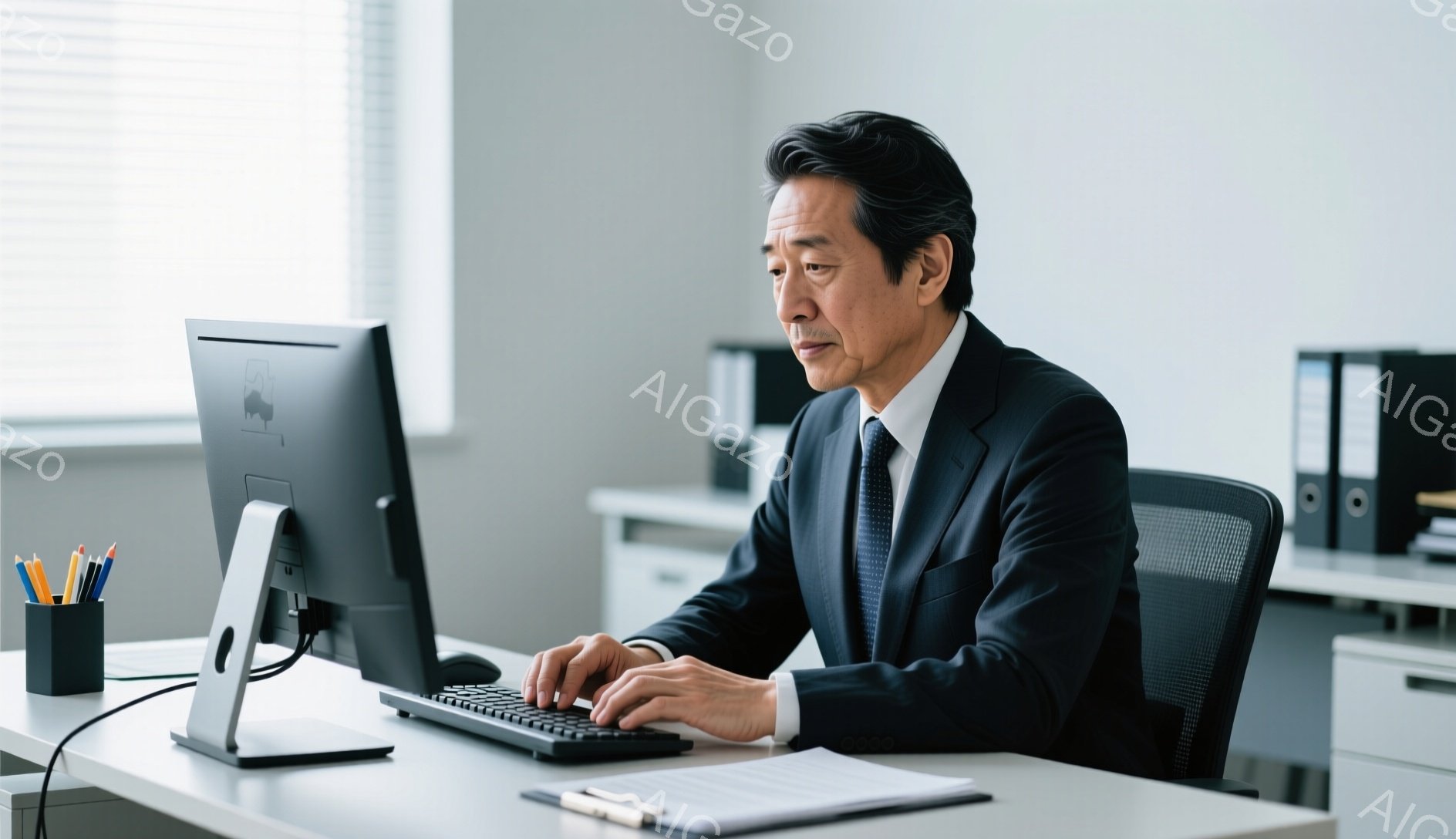 紺色のスーツにネクタイを締めた男性が、オフィスでパソコンに向かってタイピングをしている。彼は真剣な表情でキーボードを見つめ、姿勢は背筋が伸びていて集中している様子が伺える。背景にはファイルボックスやペ - AI生成フリー素材