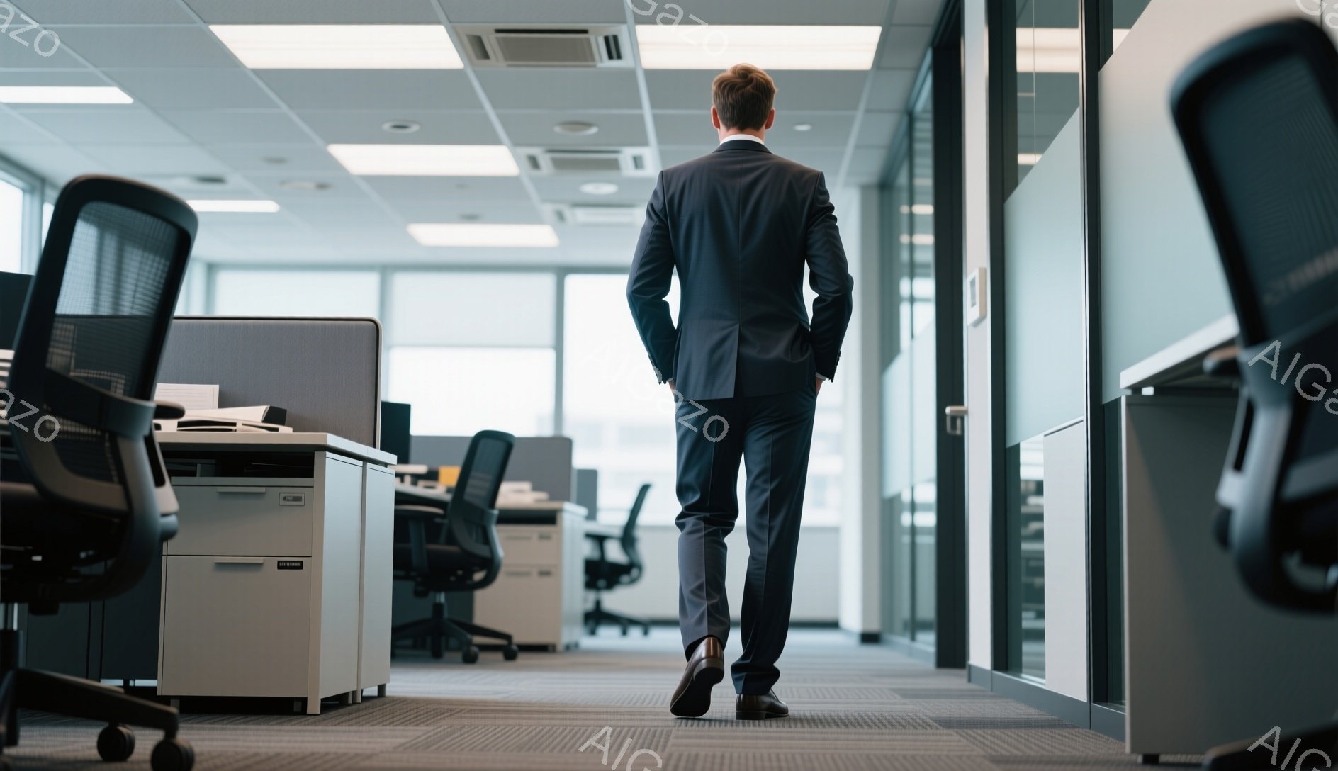 背の高い男性が、背中を向けてオフィス内を歩いている。彼は濃いグレーのスーツと黒いズボンを着用しており、短髪で整髪されている。オフィスはモダンな内装で、白い机や椅子が整然と並び、淡いカーペットが敷かれて - AI生成フリー素材
