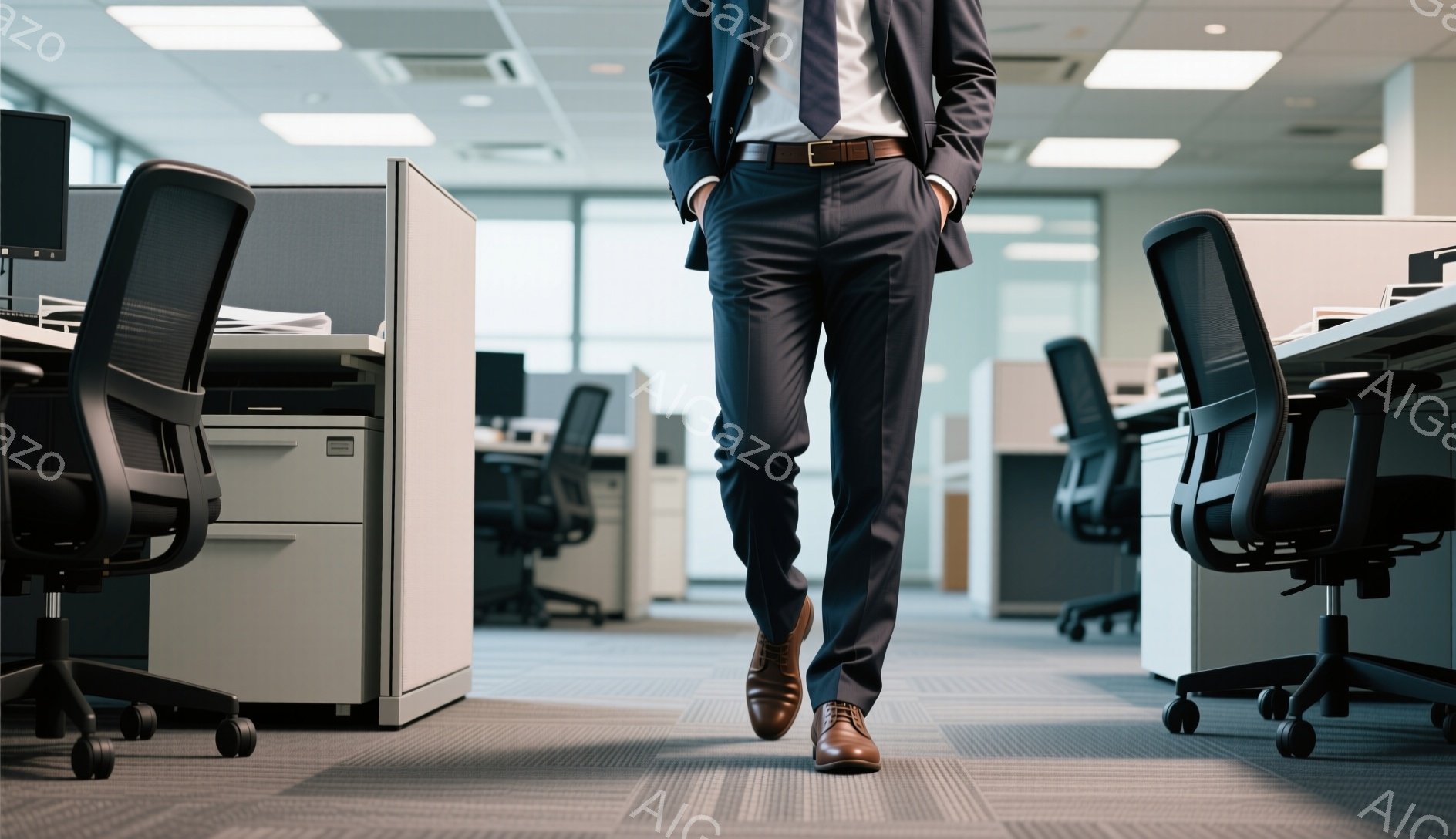 スーツを着た人物が、オフィス内を歩いている写真です。濃い青色のスーツと茶色の革靴を履き、自信に満ちた足取りで前進しています。背景には、灰色のオフィス家具が並び、現代的でビジネスライクな雰囲気が漂っています。