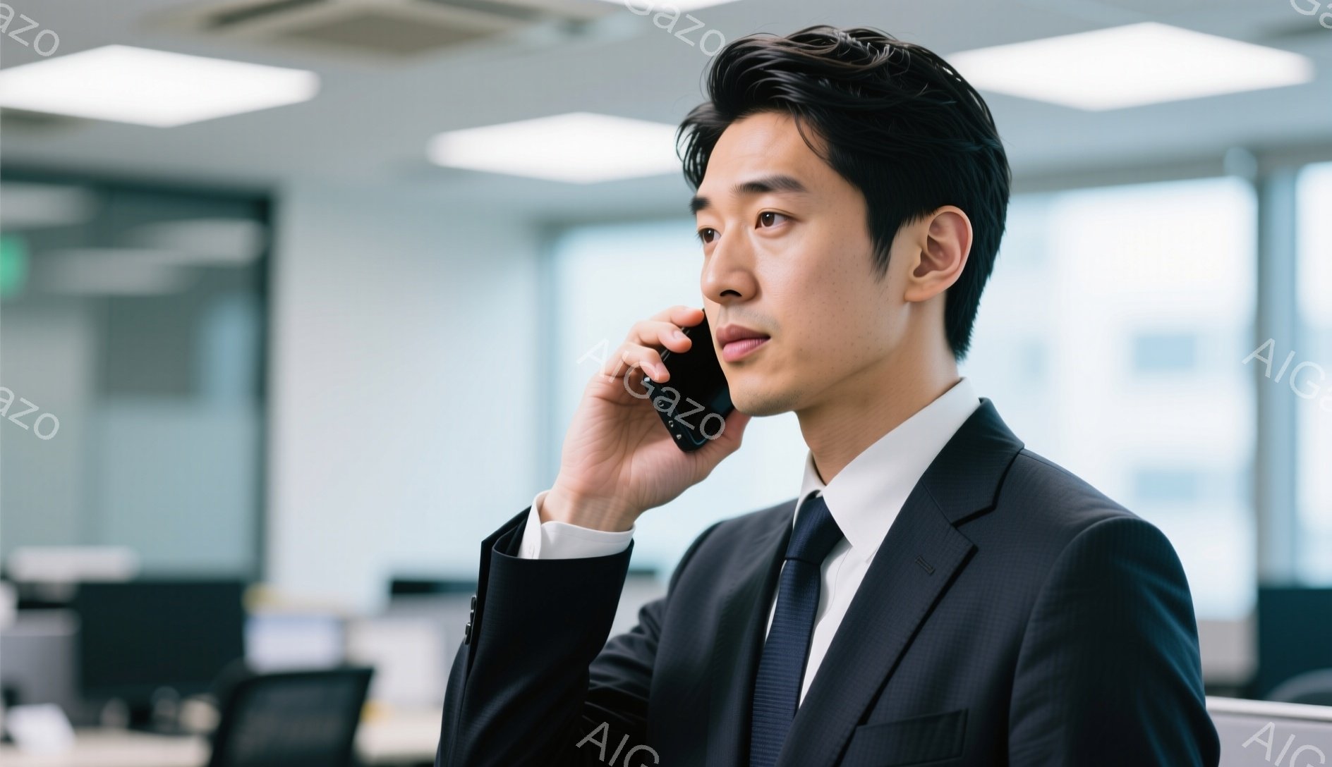 この男性は黒いスーツとネクタイを着用し、片手にスマートフォンを持って電話をしている。彼の髪型は短く整えられており、真剣な表情でわずかに横を向いている。背景にはオフィスらしき空間がぼやけており、落ち着いた雰囲気の中でビジネスシーンを切り取っている。