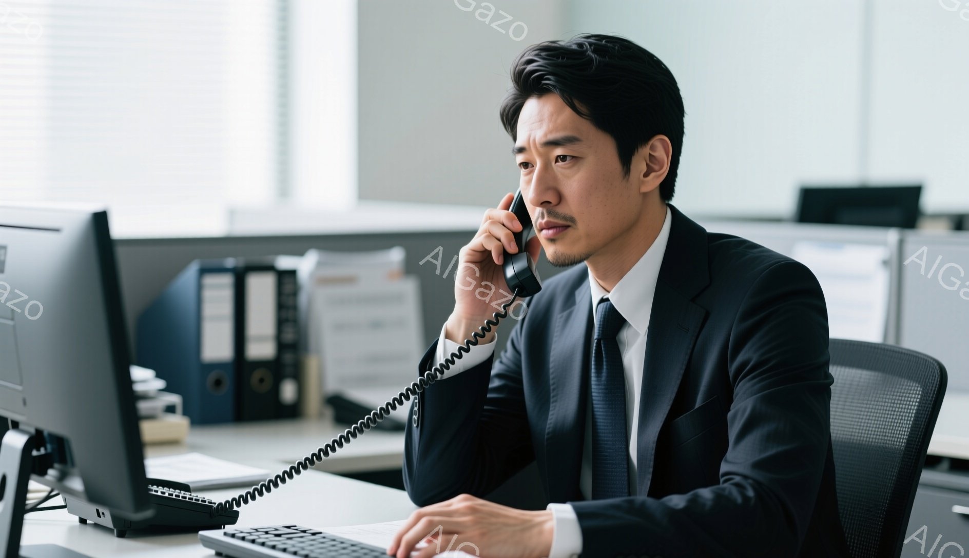 スーツとネクタイを着用したアジア人男性が、オフィスで電話をしながらパソコンを操作している。彼の表情は真剣で、何かを説明しているか、または重要な情報を確認しているようである。背景にはオフィス家具や書類が - AI生成フリー素材