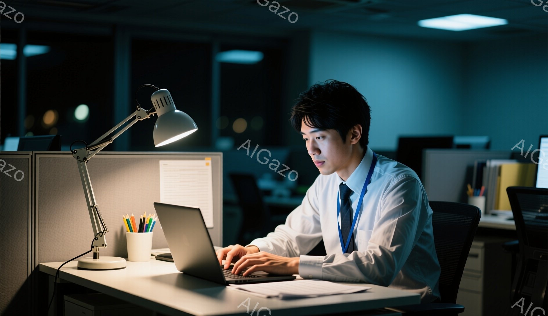 若い男性がオフィスでパソコンに向かって作業している。彼は白いシャツにネクタイ、IDカードを身につけ、黒髪を短く整えている。薄暗いオフィス内、彼は集中した表情でキーボードを叩き、デスクライトが彼を照らしている。