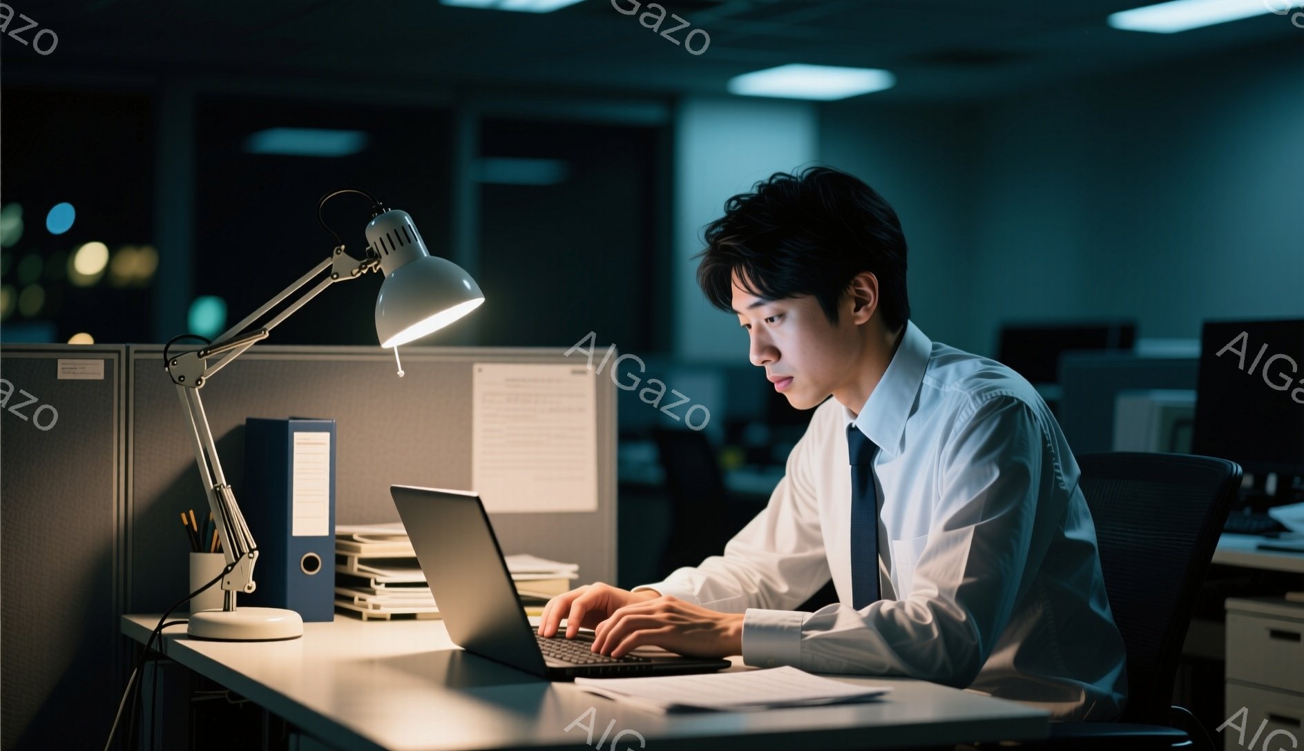 一人の男性がオフィスでパソコンに向かっています。彼は白いシャツにネクタイ、黒い髪で、集中してキーボードを打っています。背景はオフィスで、他のデスクやファイルボックスが見え、薄暗い照明が疲れた雰囲気を醸し出しています。