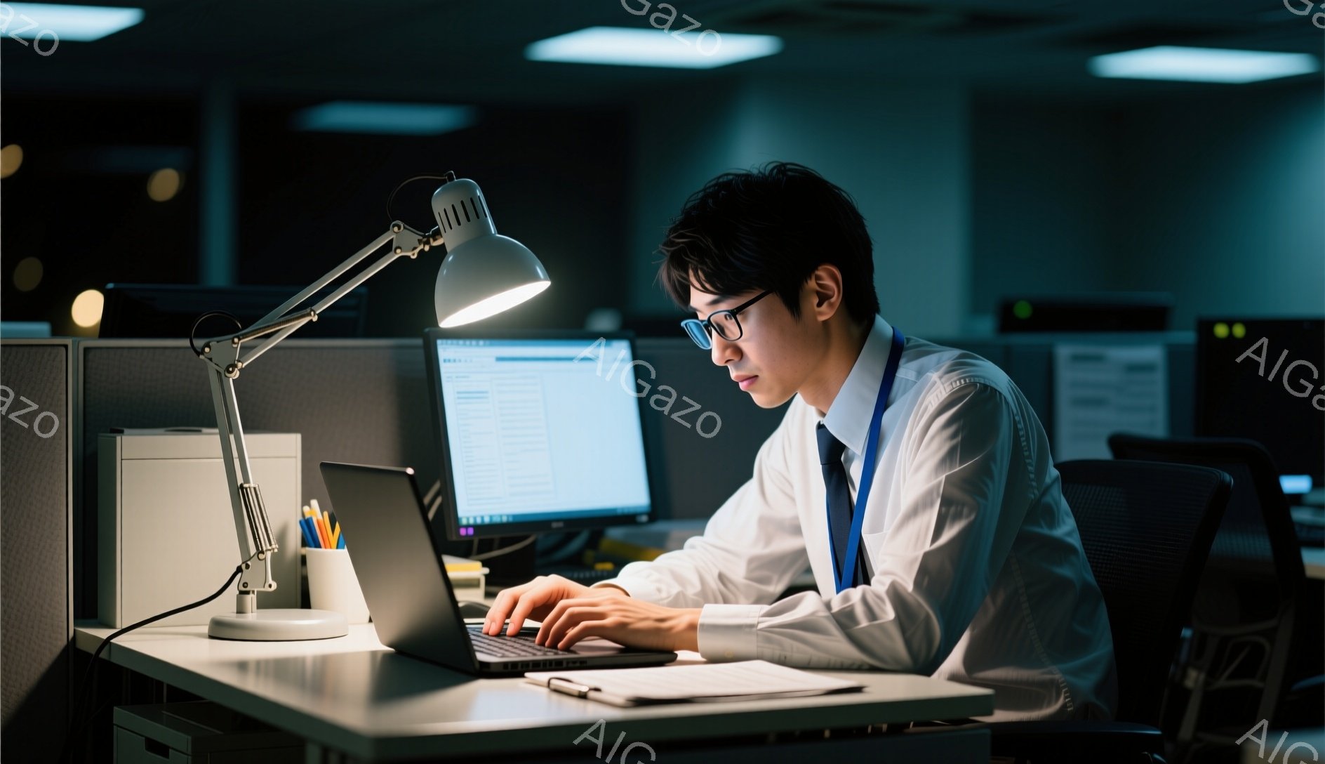 若い男性がオフィスでノートパソコンに向かって仕事をしている様子が写っている。彼は白いシャツにネクタイ、身につけたIDカードをつけており、集中した表情でキーボードを操作している。背景はオフィスの一角で、パーティションや他のデスクが見え、デスクライトが彼を照らしていることから、夜遅くまで残業をしているような雰囲気が漂う。