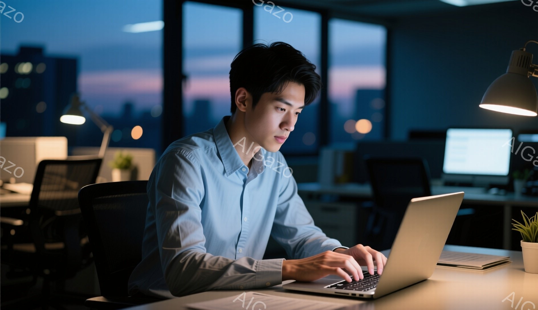 紺色のシャツを着た男性が、オフィスでノートパソコンに向かってタイピングしている。彼は真剣な表情で、やや前かがみの姿勢で集中しているようだ。窓の外には夕焼けが見え、室内はデスクライトの光で照らされており、夜遅くまで働く真剣な雰囲気が漂う。