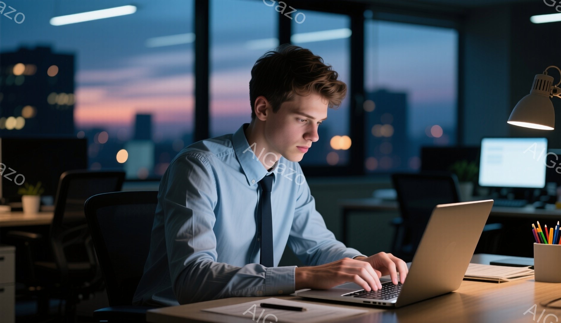 若い男性がオフィスでノートパソコンを操作している。彼は青いシャツとネクタイを着用し、少し疲れた表情をしている。背景には夕焼けの空と街の明かりが見え、オフィスは夜遅くまで仕事をしている雰囲気を醸し出している。