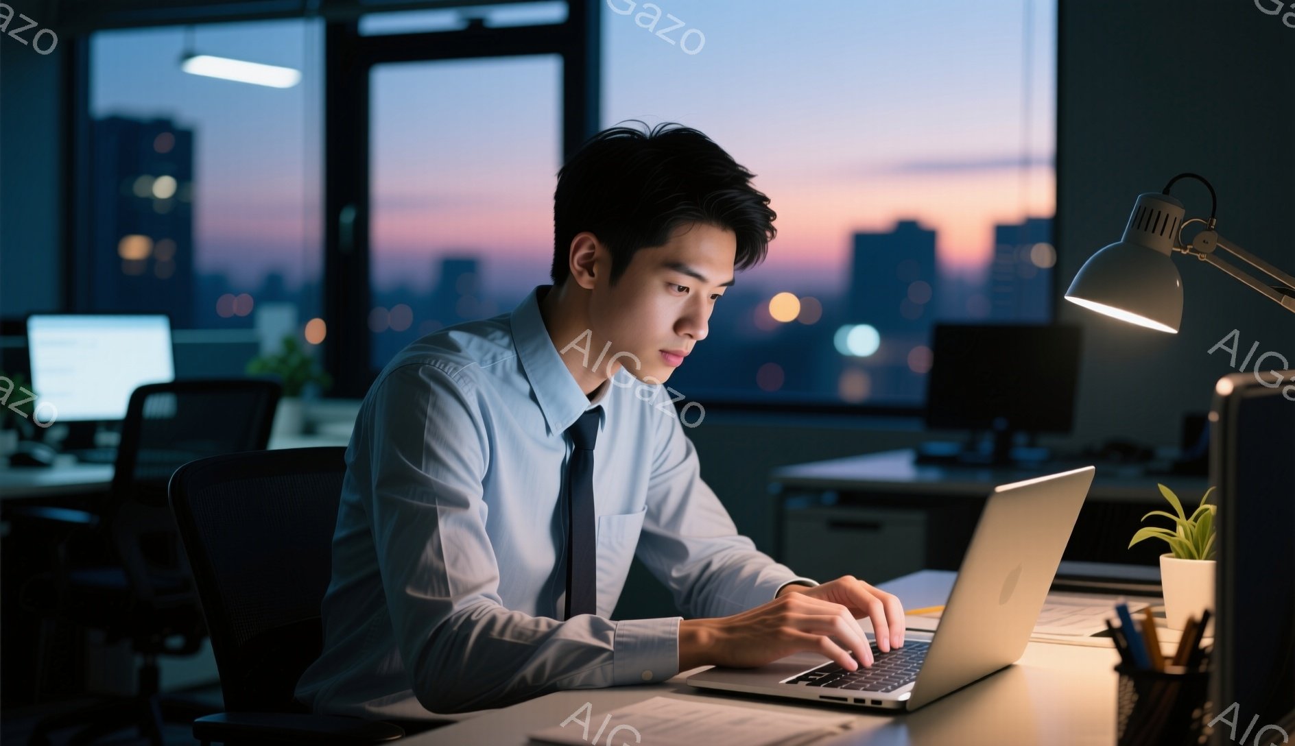 紺色のシャツにネクタイを締めた男性が、オフィスでノートパソコンに向かって作業している。彼は集中した表情でキーボードを叩いており、姿勢はやや前かがみになっている。窓の外には夕焼け空と街並みが広がり、室内はデスクライトの光で照らされている、仕事に没頭する夜の雰囲気が漂う。