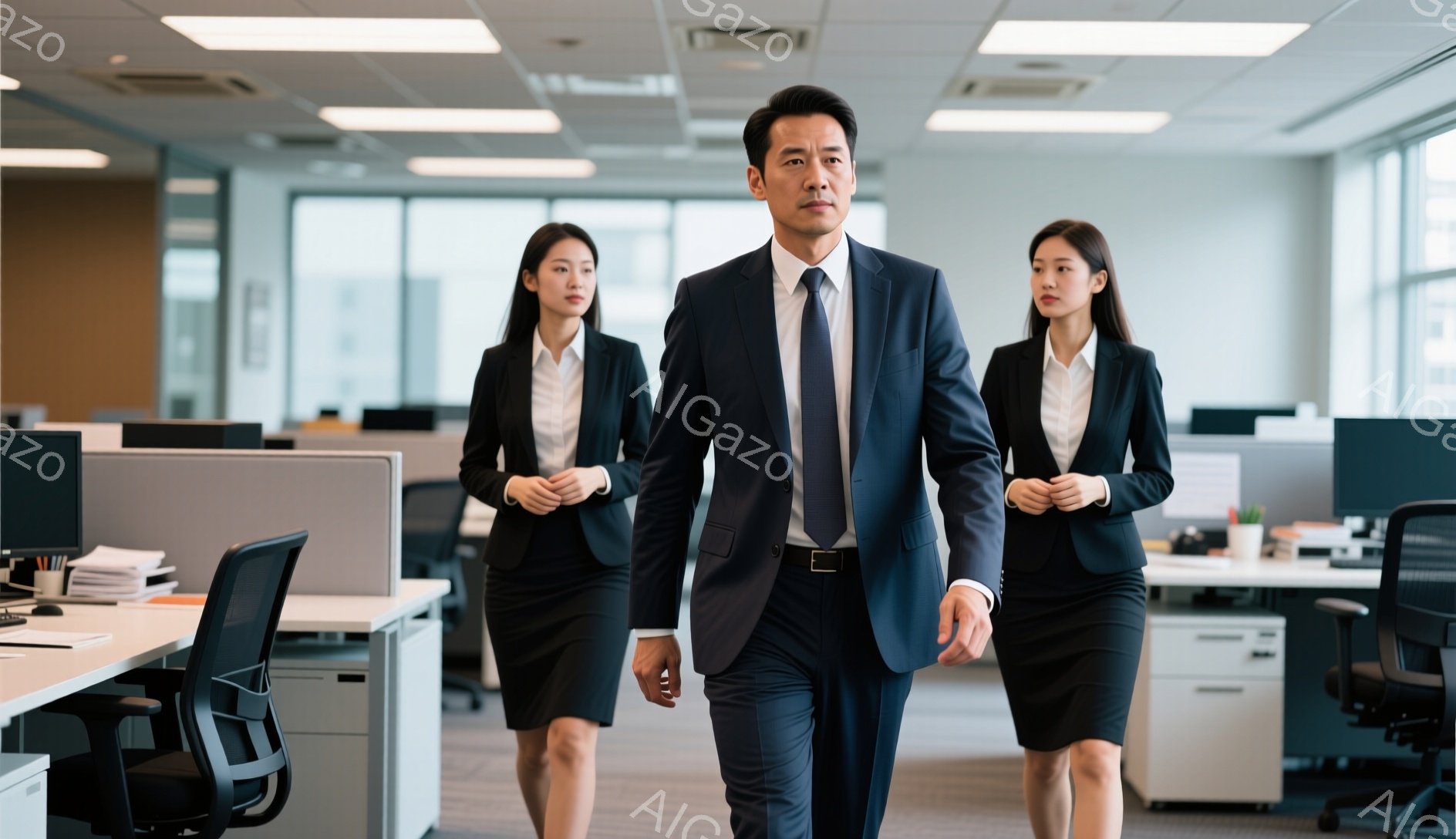 スーツ姿の男性と女性がオフィス内を歩いている。男性は濃い紺色のスーツにネクタイ、女性は黒いスーツにスカートを着用しており、髪は後ろでまとめて、表情は真剣だ。オフィスはモダンな内装で、白いデスクとパーティションが並び、窓からは自然光が差し込んでいる。